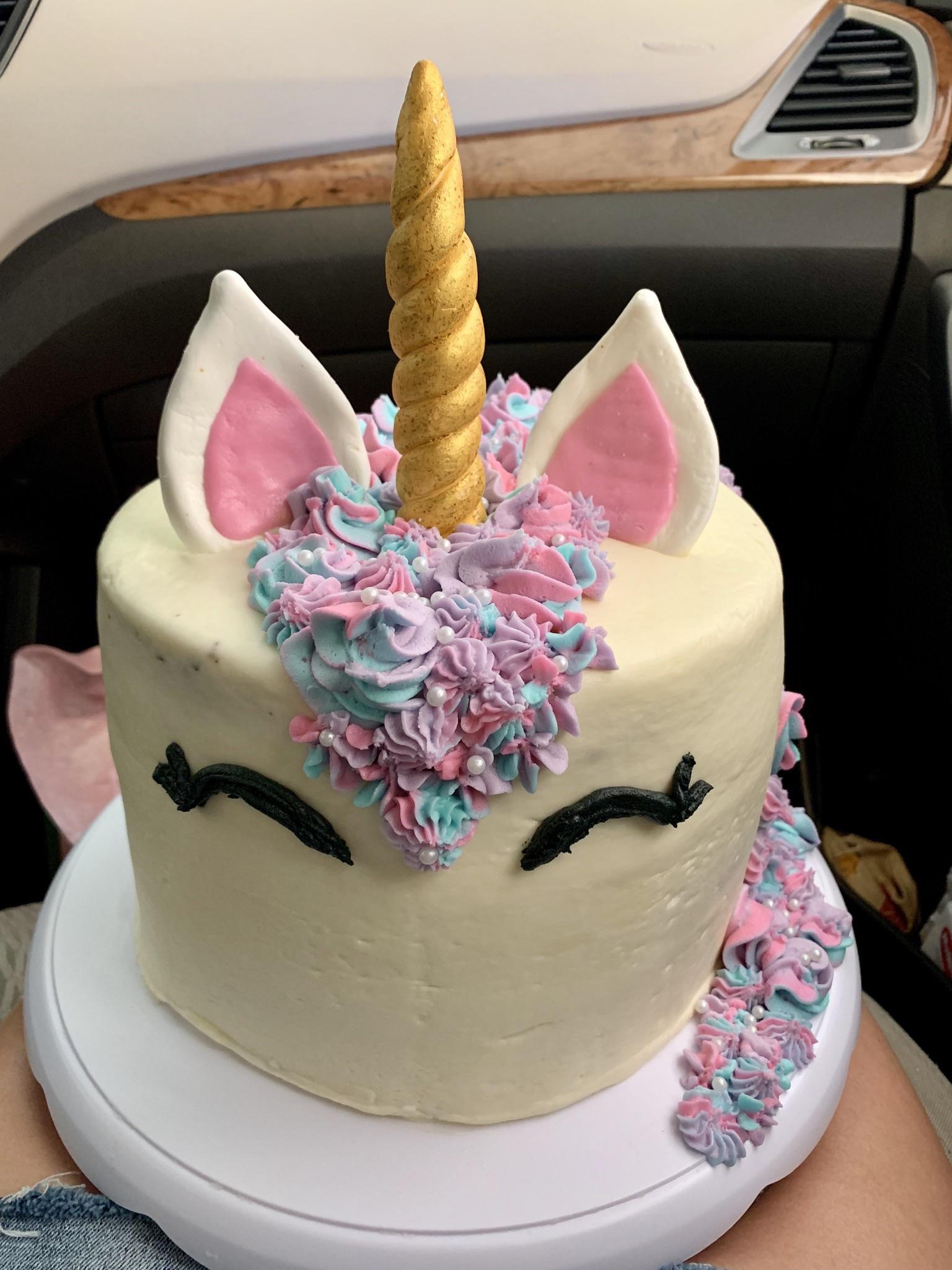 Unicorn cake I made for my best friend’s birthday! Chocolate cake with