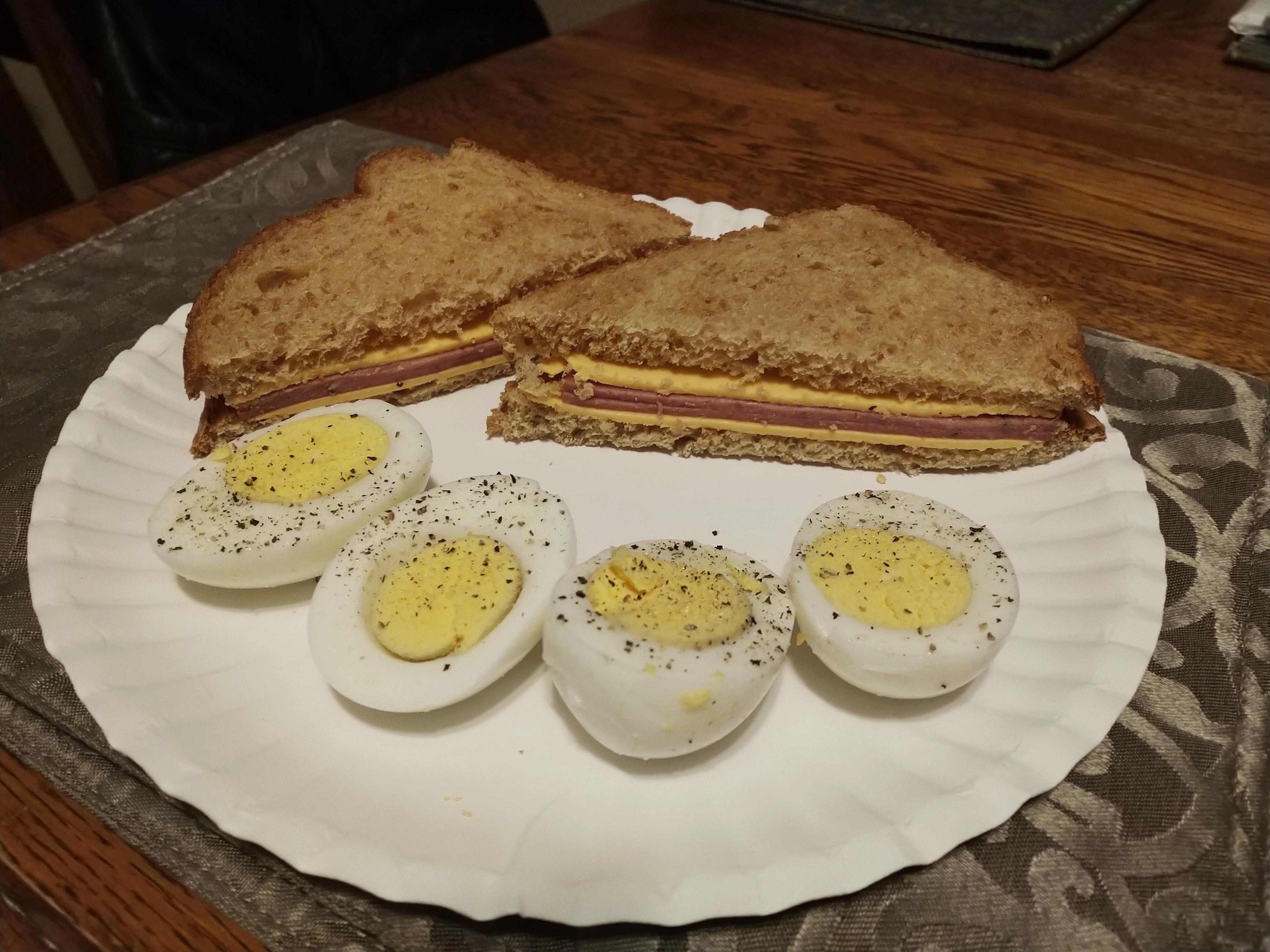 Salami and Kraft Singles on wheat & hardboiled eggs. r/shittyfoodporn