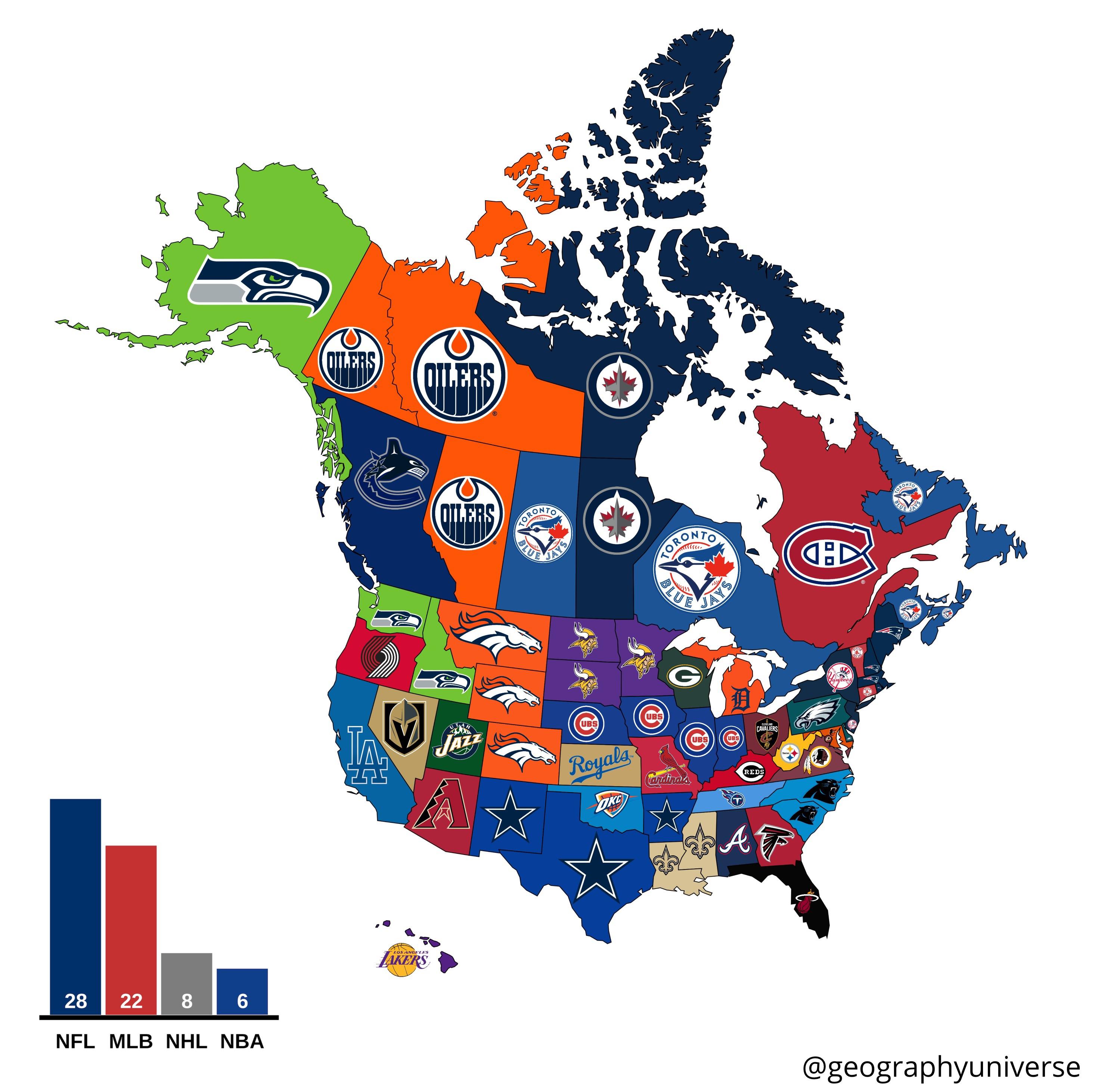 Most popular professional sports team in every state/province/territory