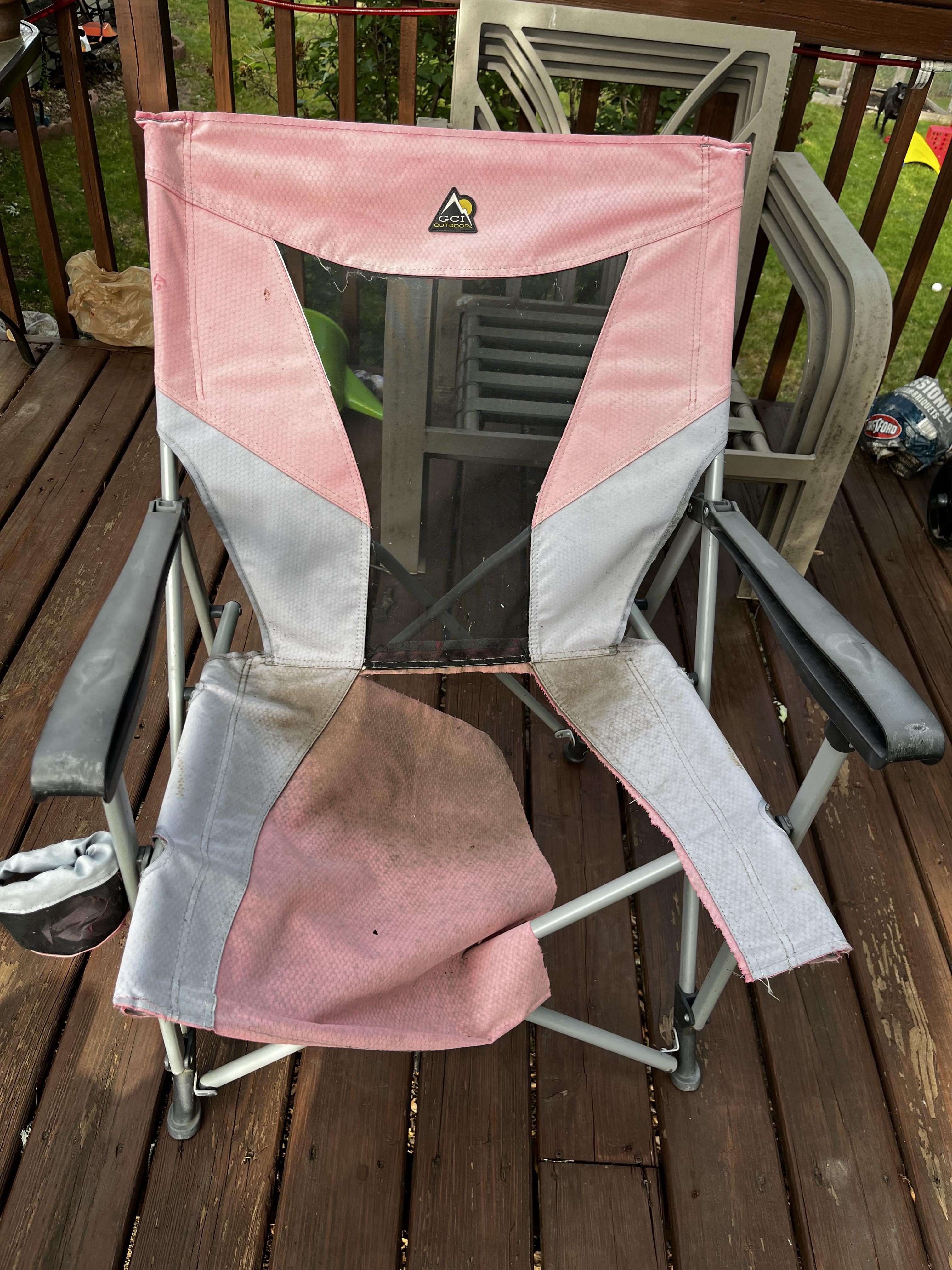 I want to save this chair! Maybe hand sew upholstery fabric onto the