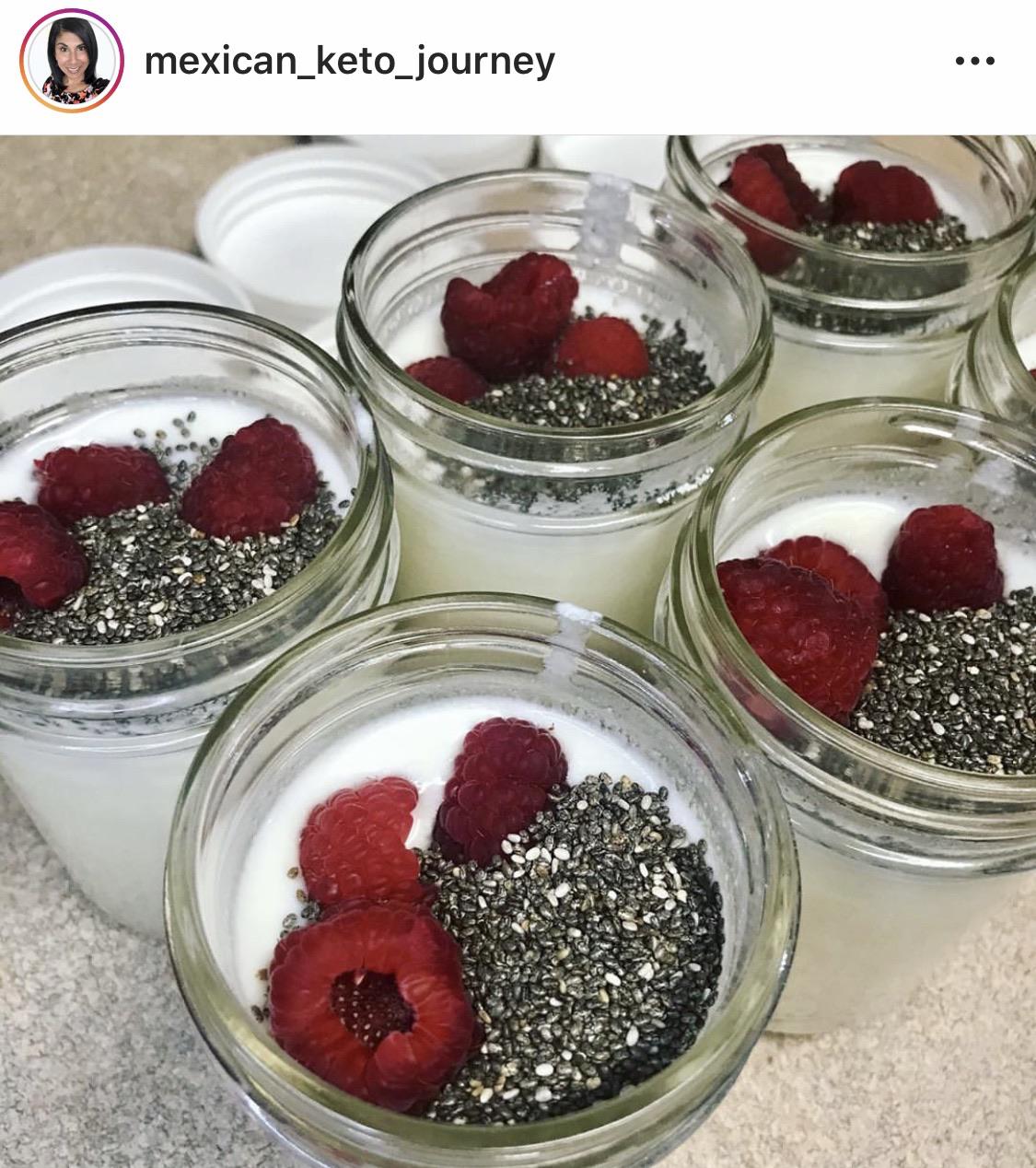 This is kefir with chia seeds, sweetener, and a couple raspberries. I