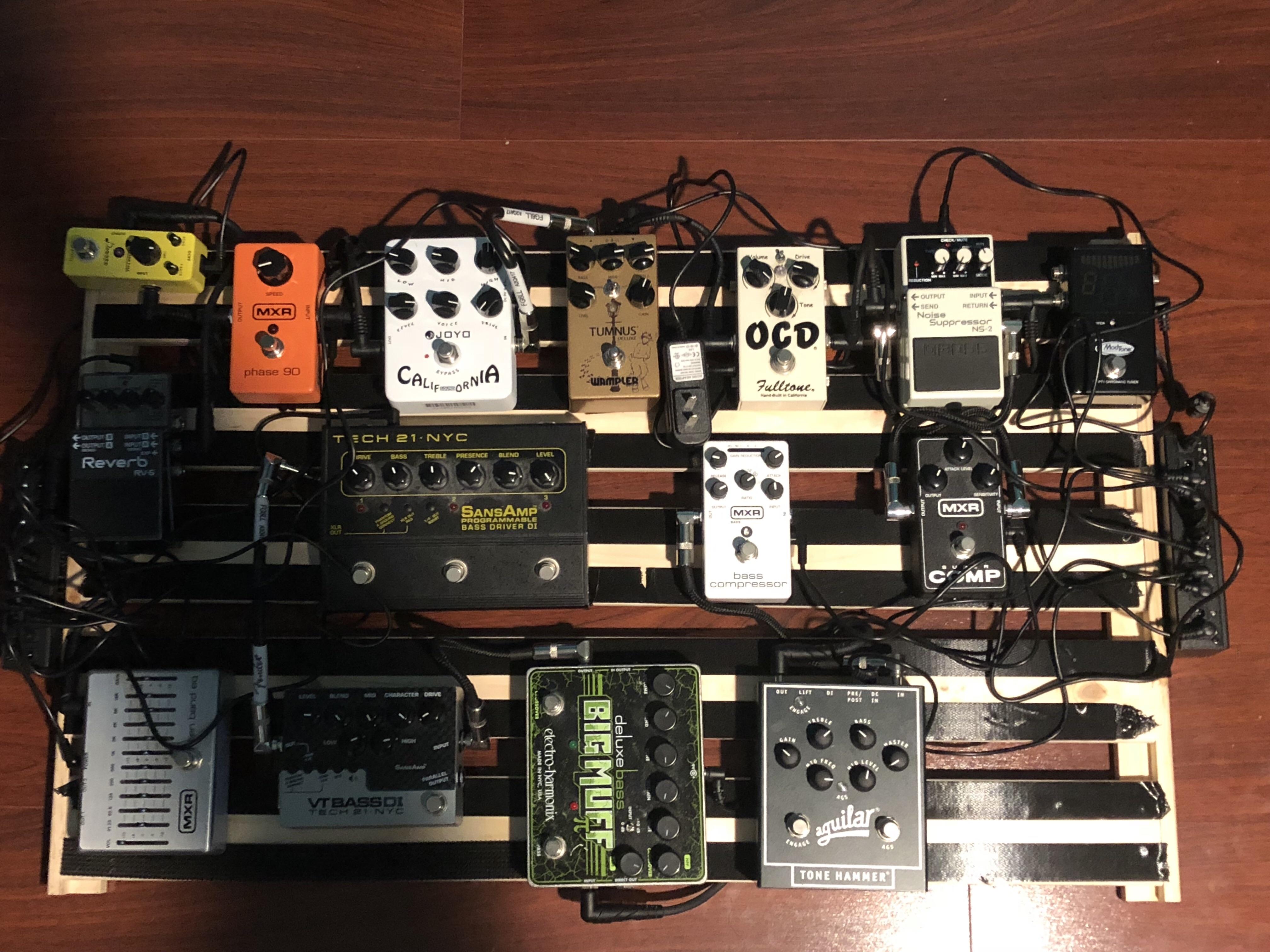 NPD x 5 Tumnus Deluxe, Boss Noise Suppressor, Boss Reverb, MXR Phase 90, and a Donner Analog