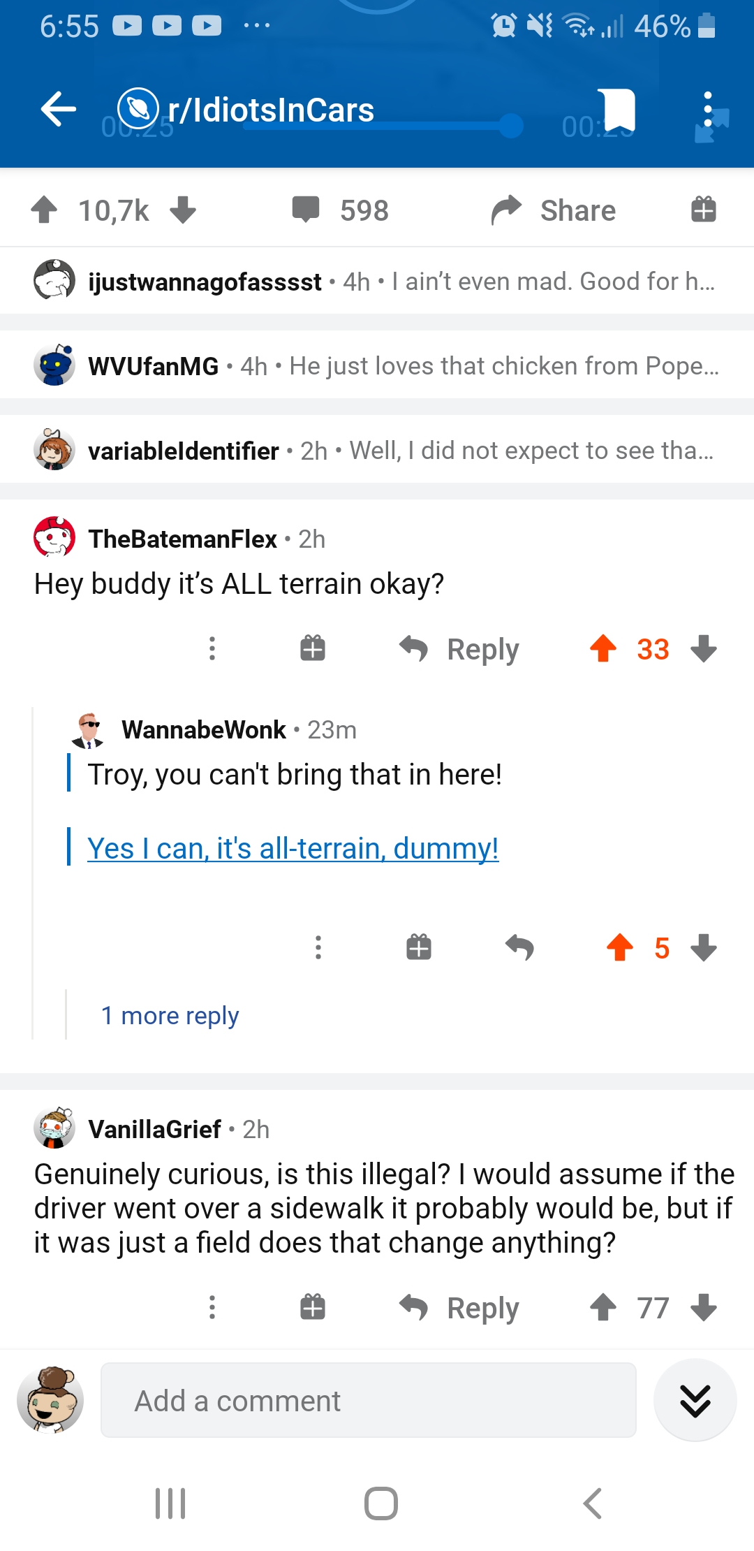 r/IdiotsInCars, some guy in a Jeep rode over the grassy shoulder to get