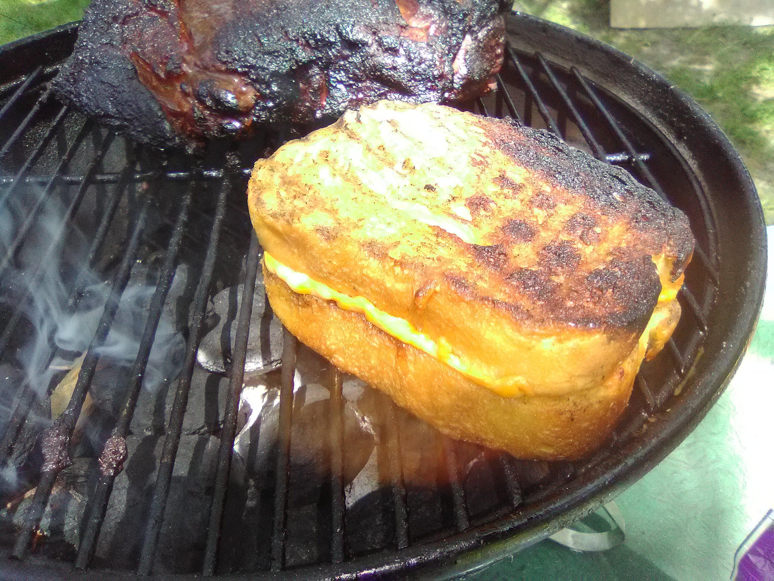 American, Jack, Cheddar and Queso Grilled Cheese on Garlic Butter Texas Toast. Cooked on the hot
