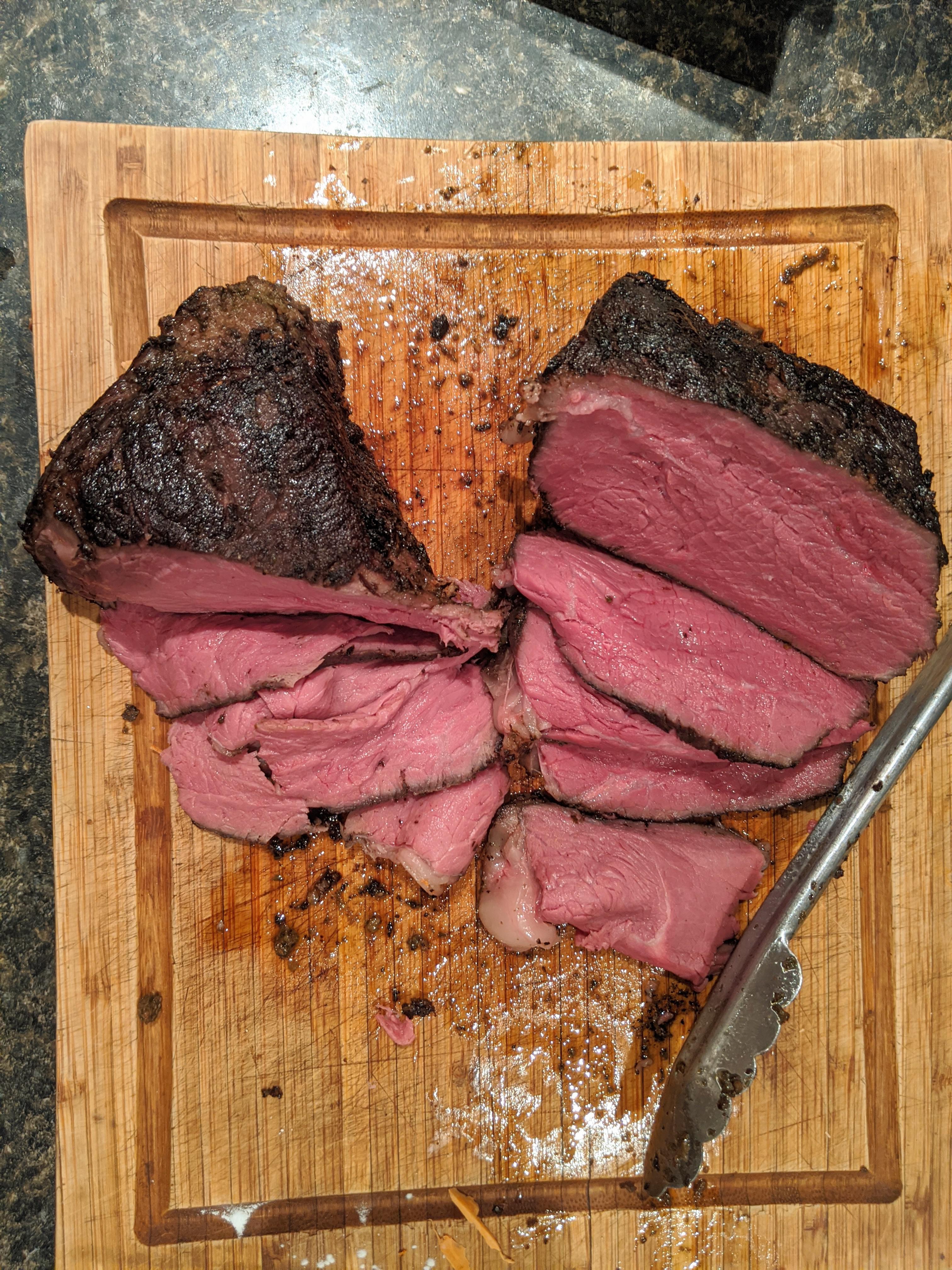 Top sirloin roast, 18hrs at 130F, cast iron sear r/sousvide