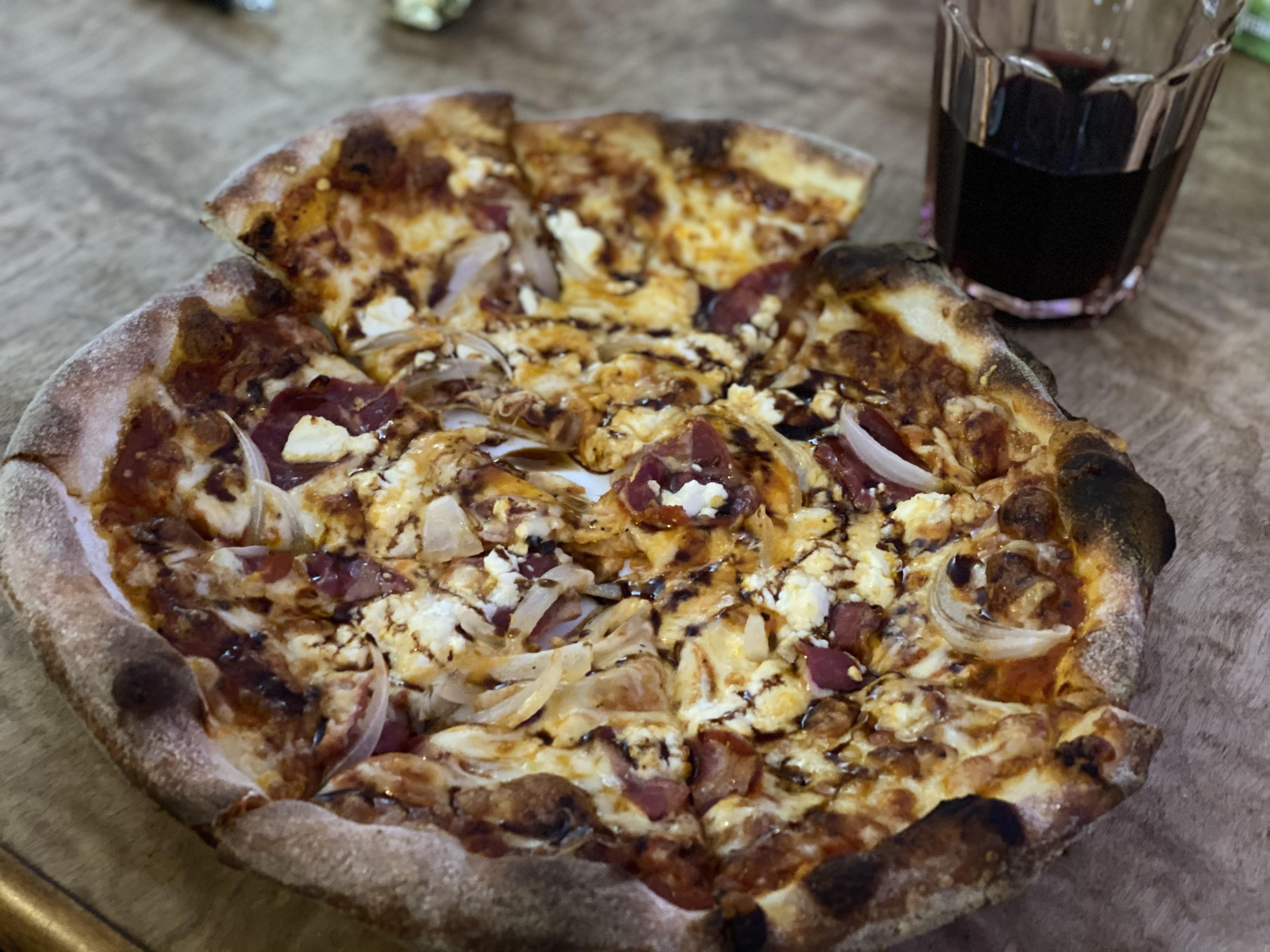 Capicola, goat cheese, onion with balsamic reduction r/Pizza