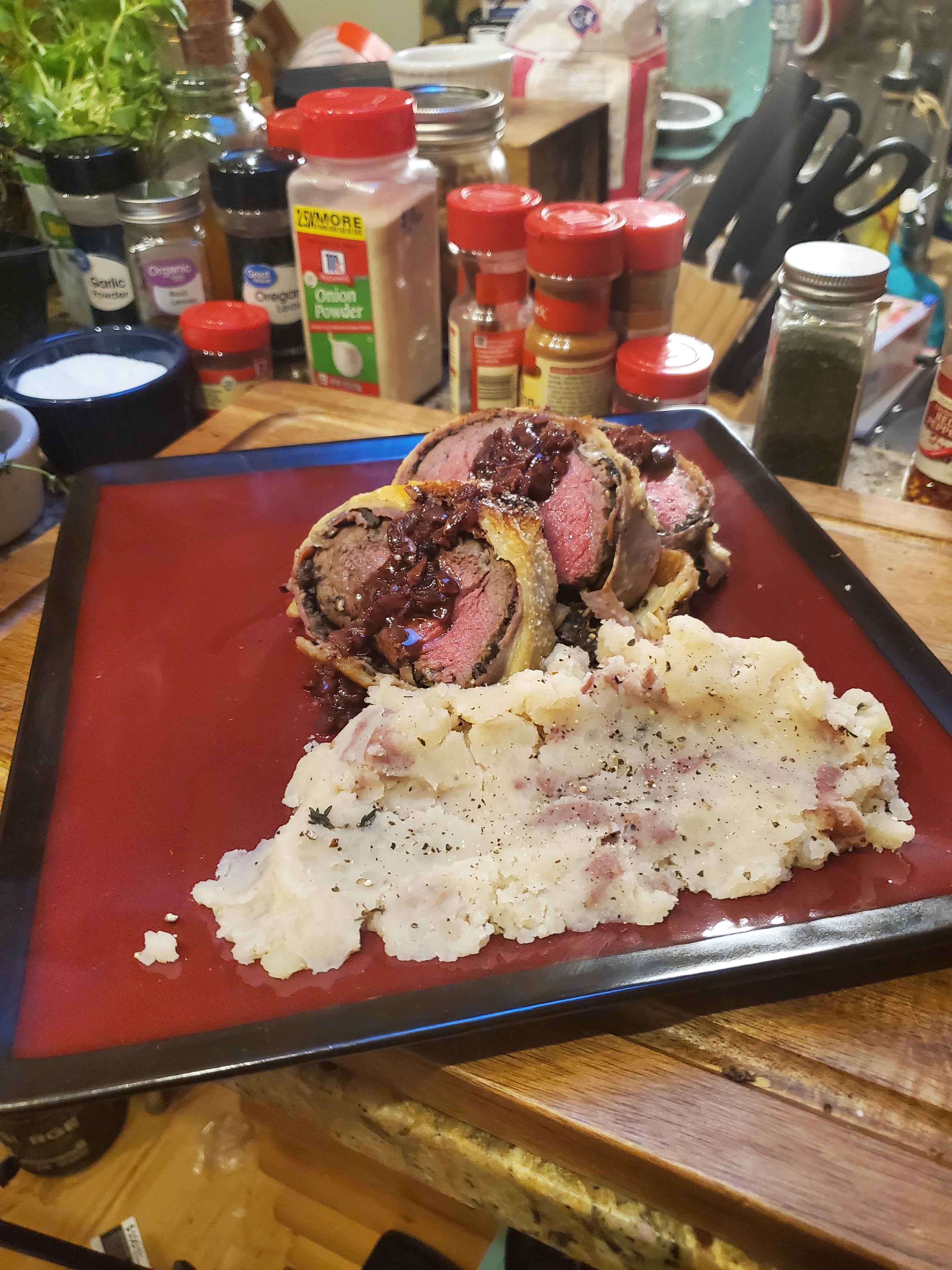 How'd I do? Beef Wellington with Red Wine Shallot Sauce and Garlic Herb