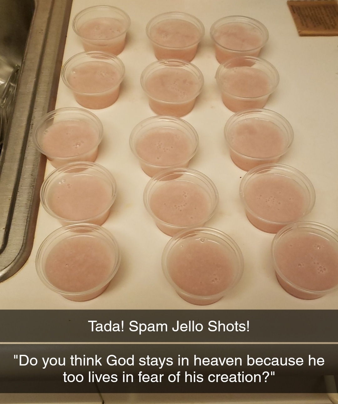 Spam Jello Shots. Made with Knox unflavored gelatin and Kirkland vodka