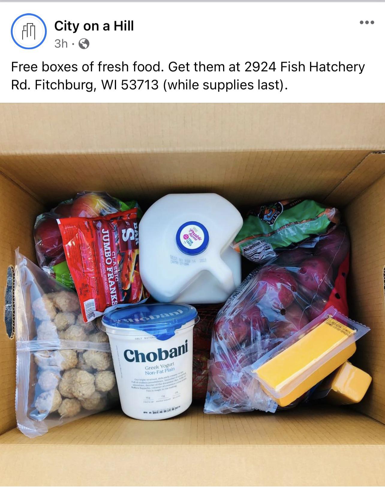 Free Food City on a Hill church in Fitchburg (off fish hatchery road