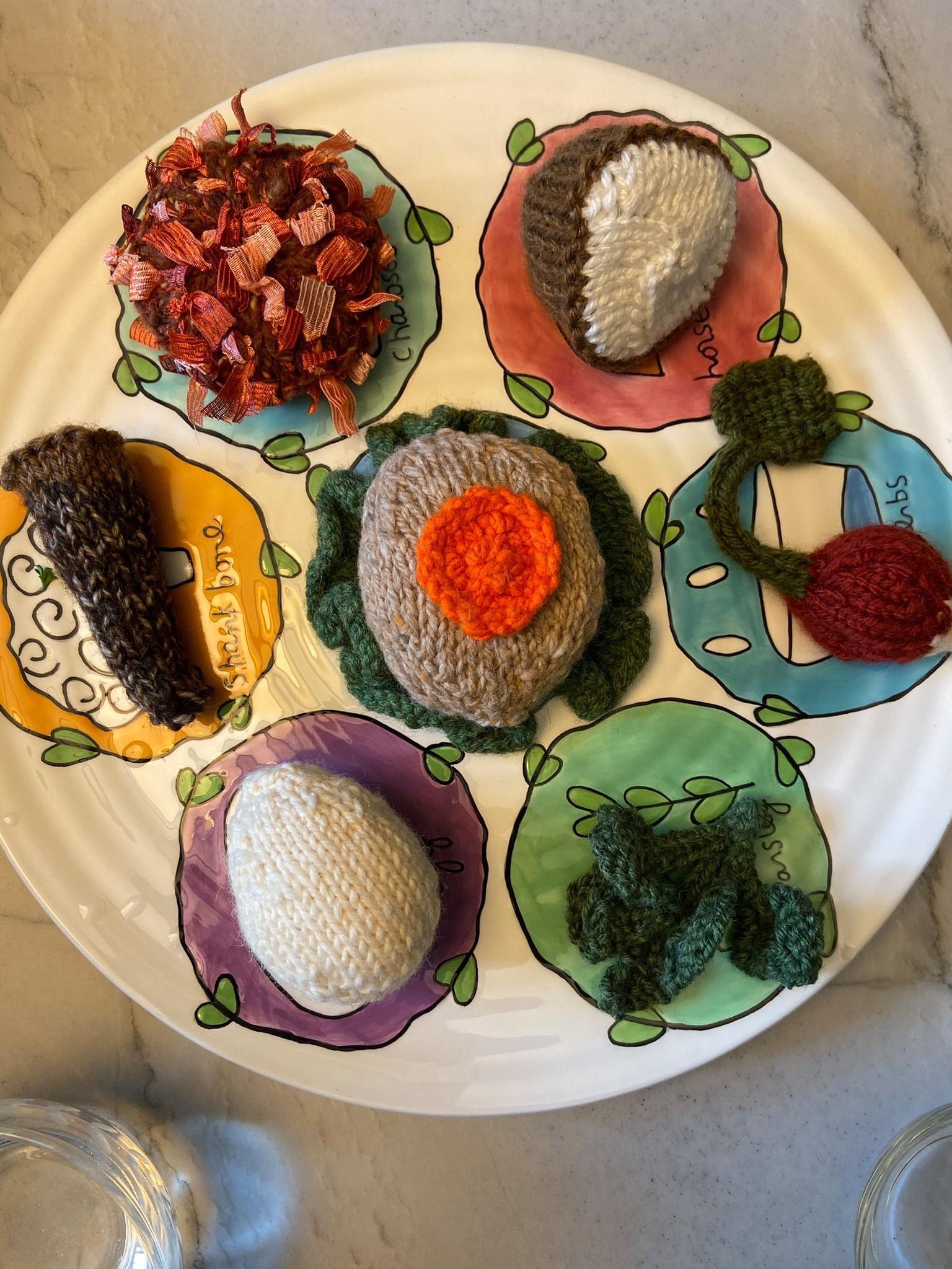 My mom knit all the items on the Seder Plate for Passover this year