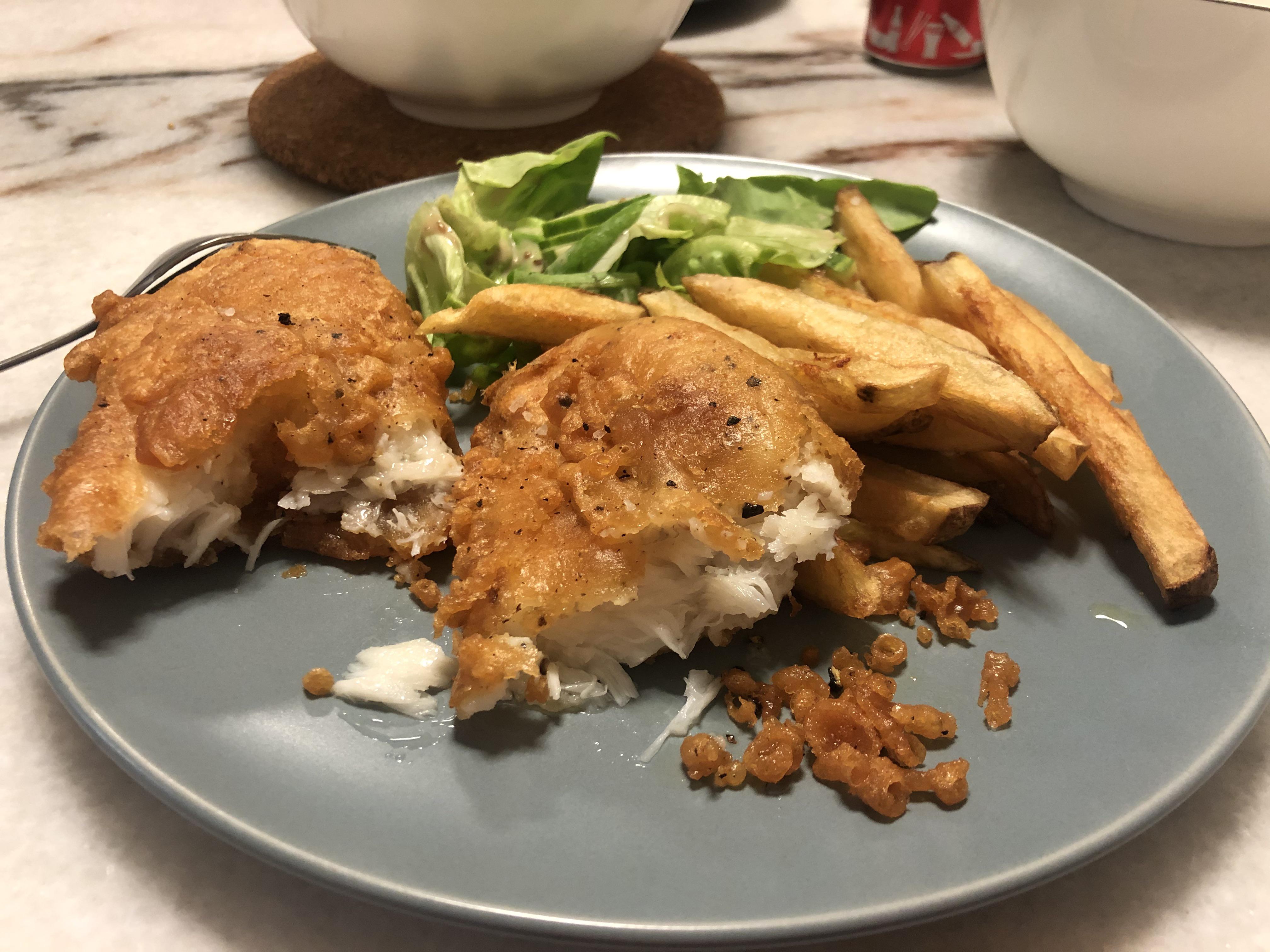 [Homemade] Beer Battered Fish & Double Cooked Chips r/food