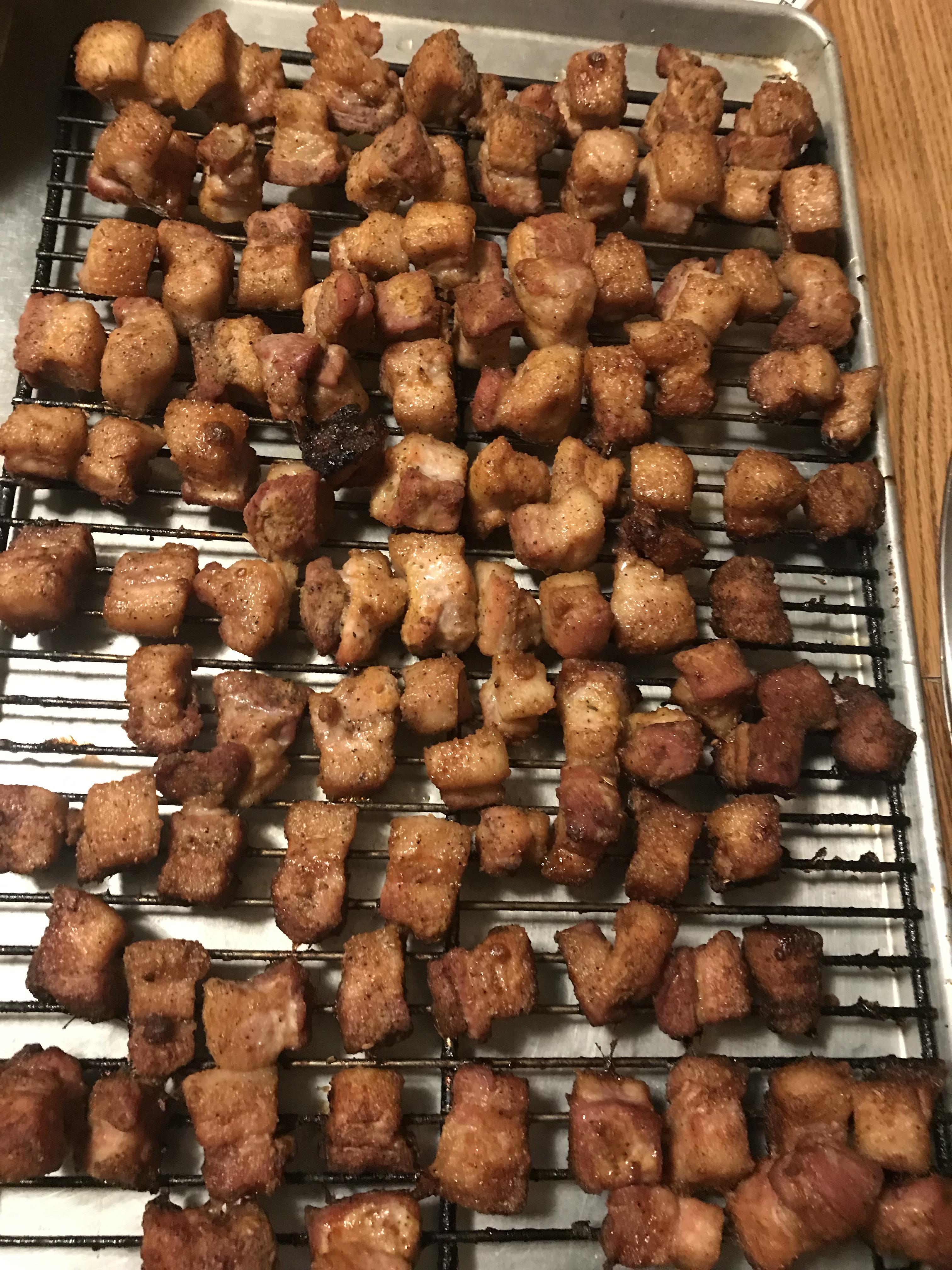 Smoked pork belly bites. Maple syrup, butter, bourbon, brown sugar