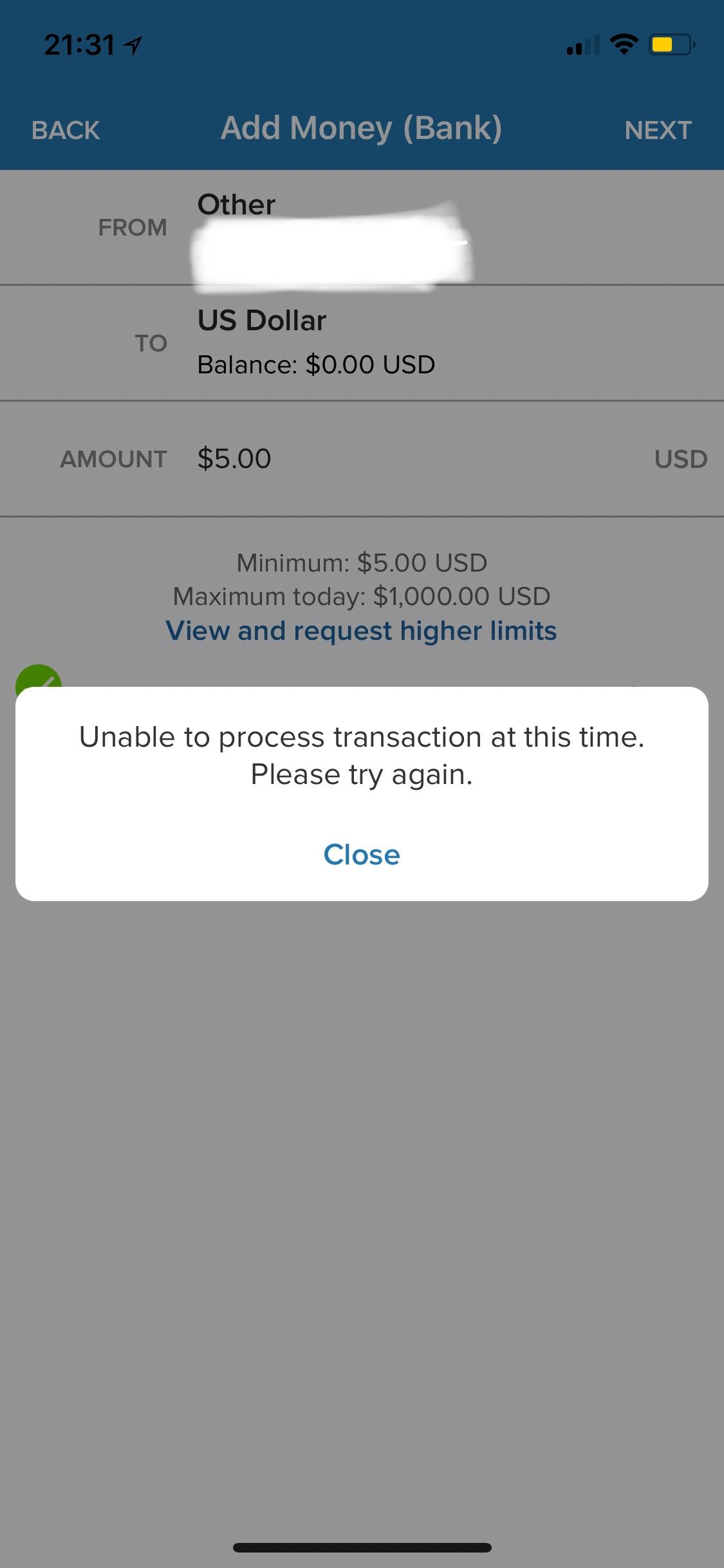 PROBLEM Unable to process transaction at this time. Please try again