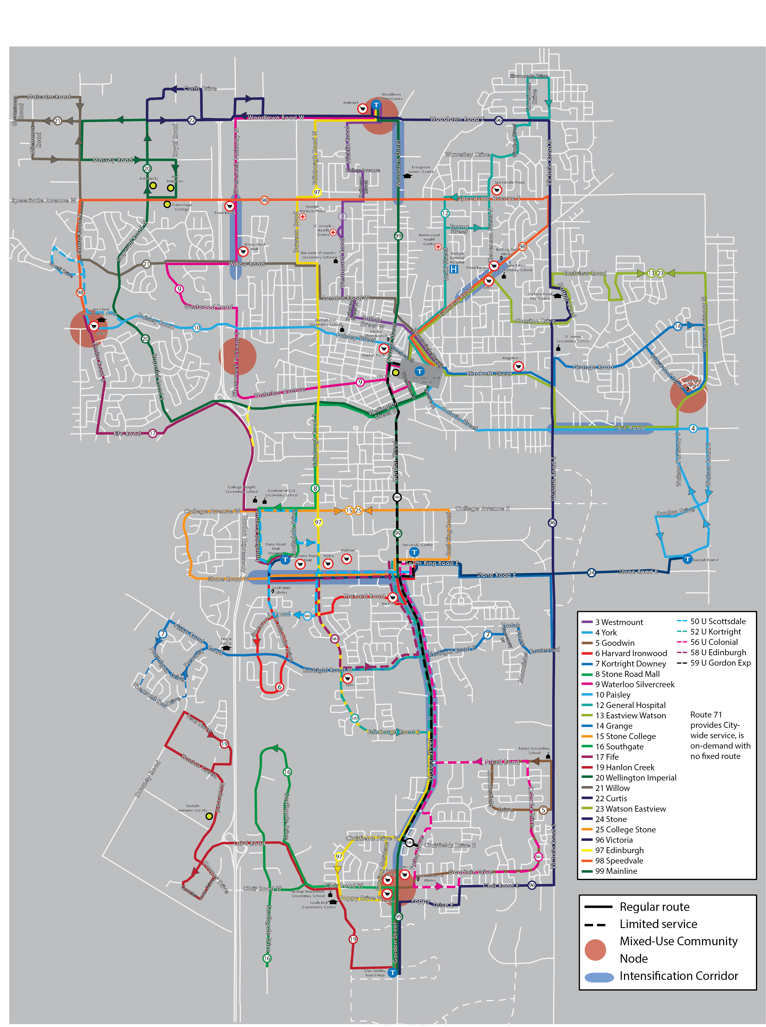 Guelph Transit (Guelph, Canada) proposed Route Changes in 10 years. r