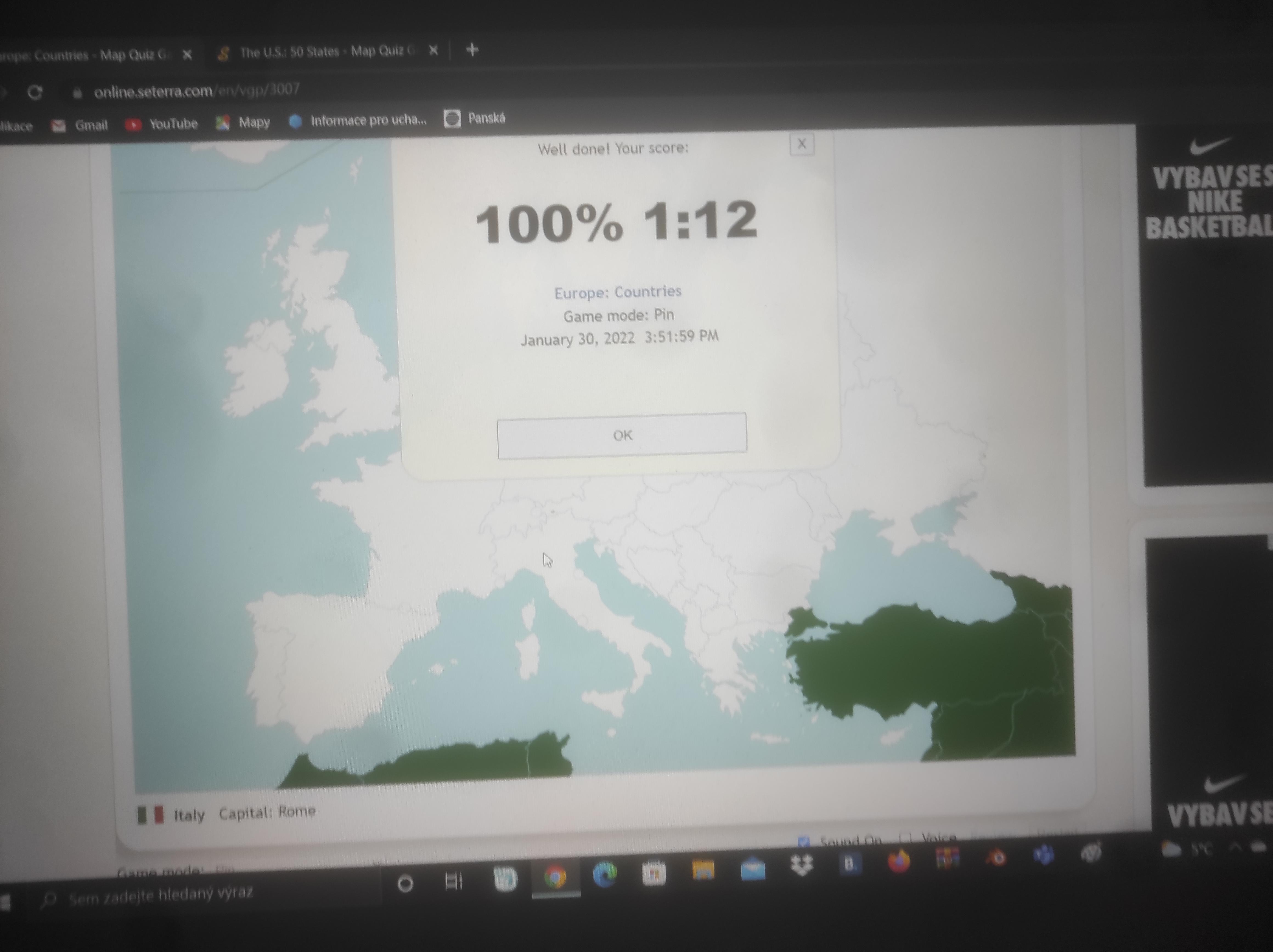 My record of 100 completion of all Europe countries quiz. The site is
