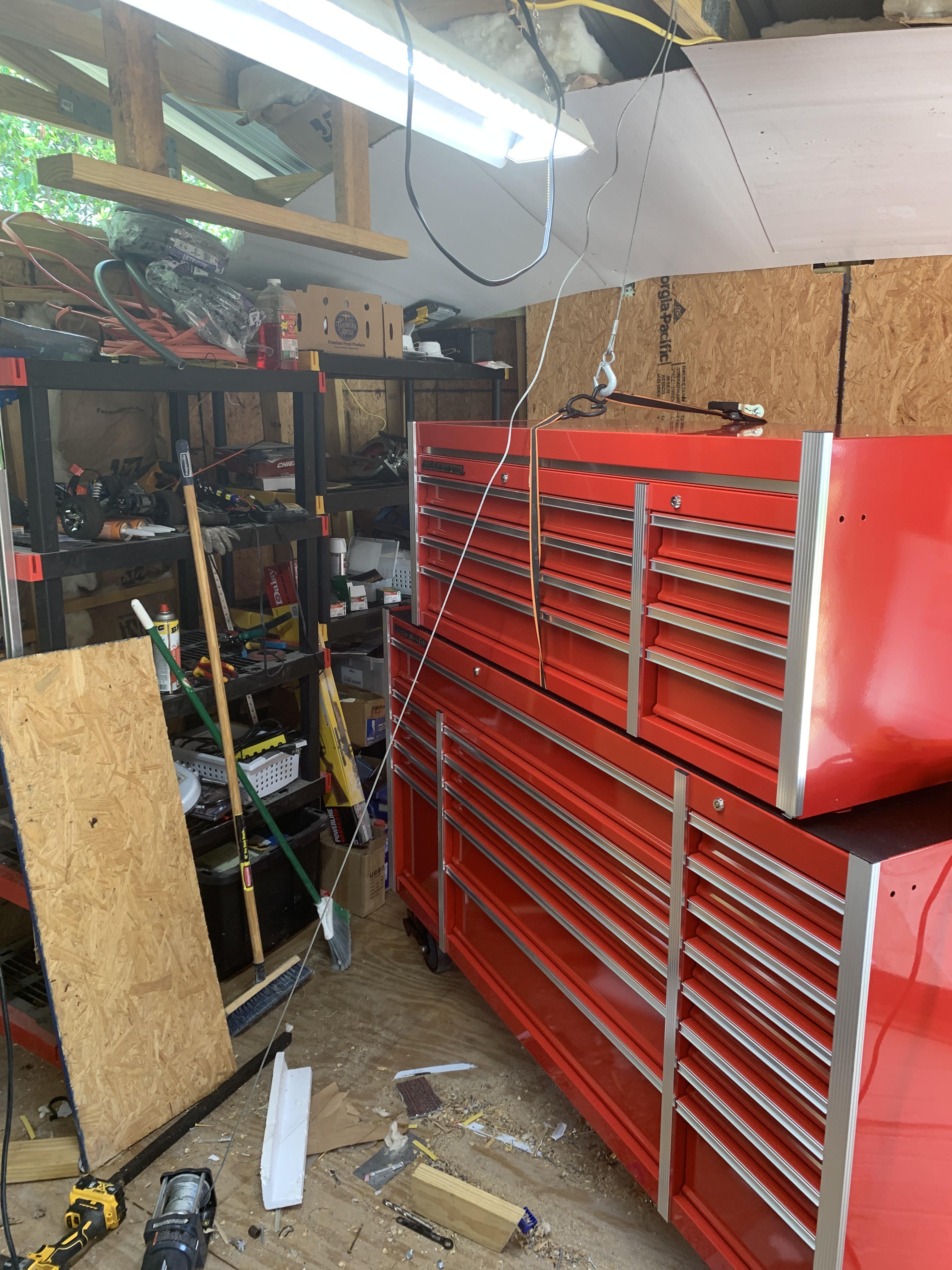 How do you get a 300lb tool chest on a 750lb chest? With a Harbor Freight electric wench! This