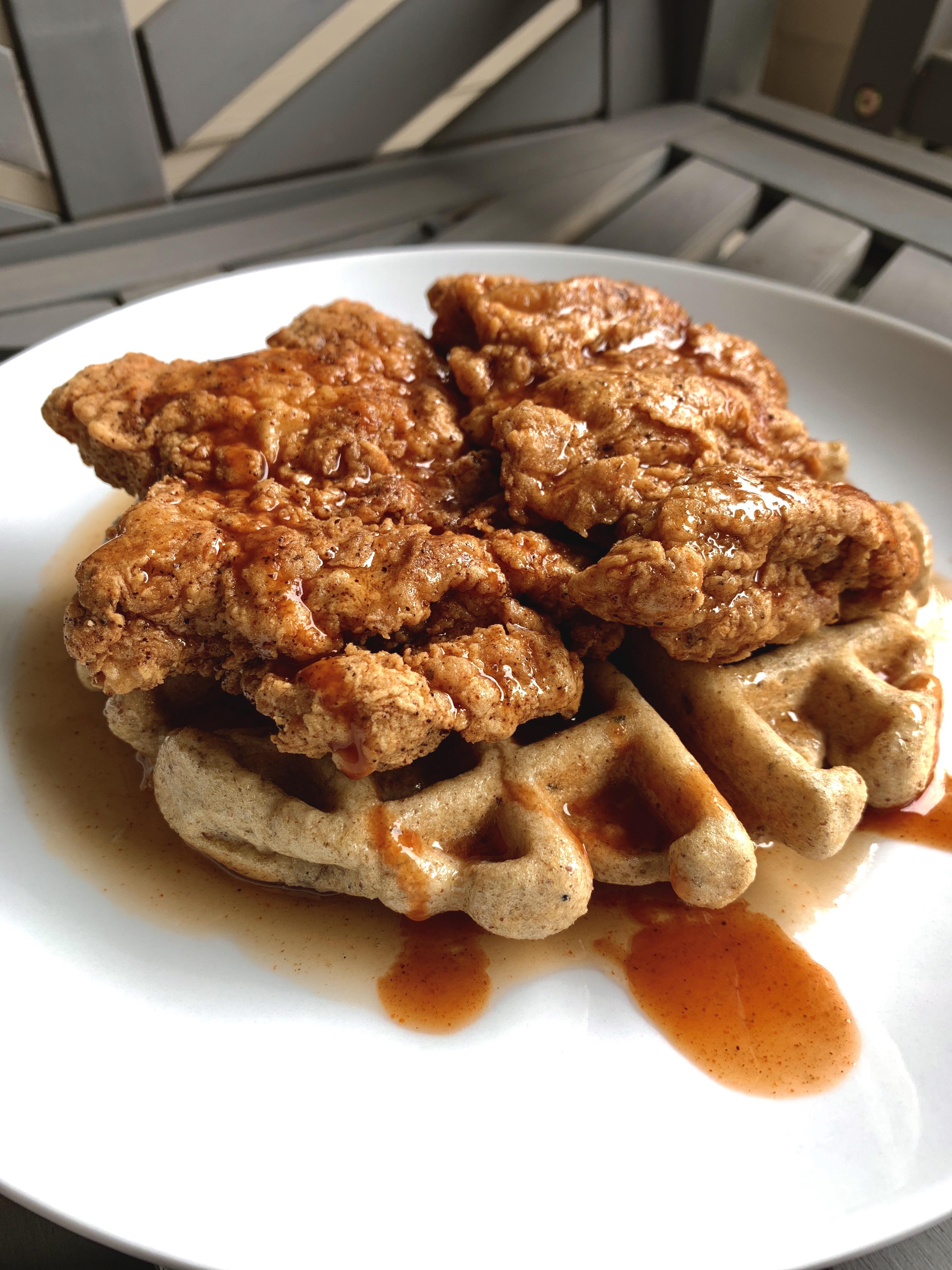 [Homemade] Chicken and Waffles with chipotle maple syrup r/food
