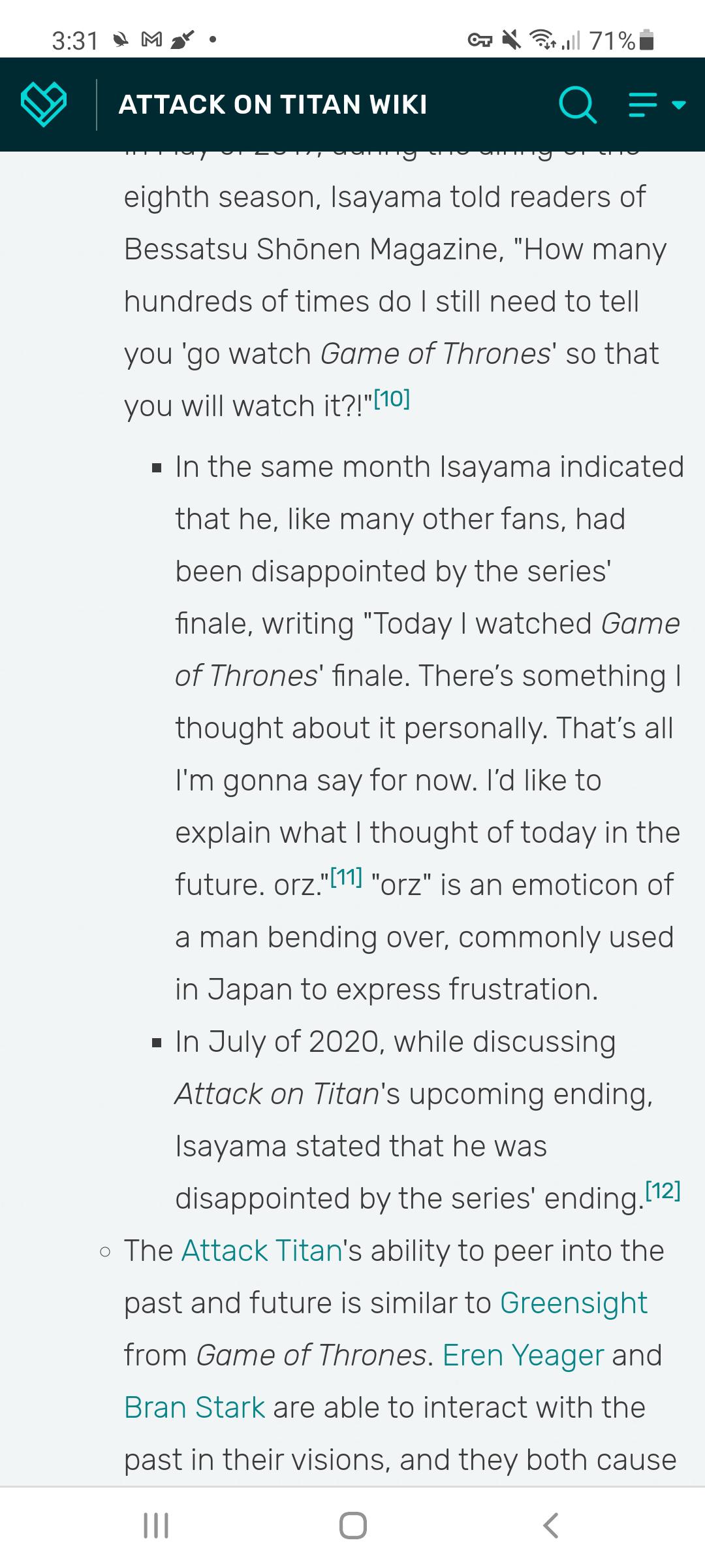 Isayama said he hate game of thrones ending how do you he feels when he