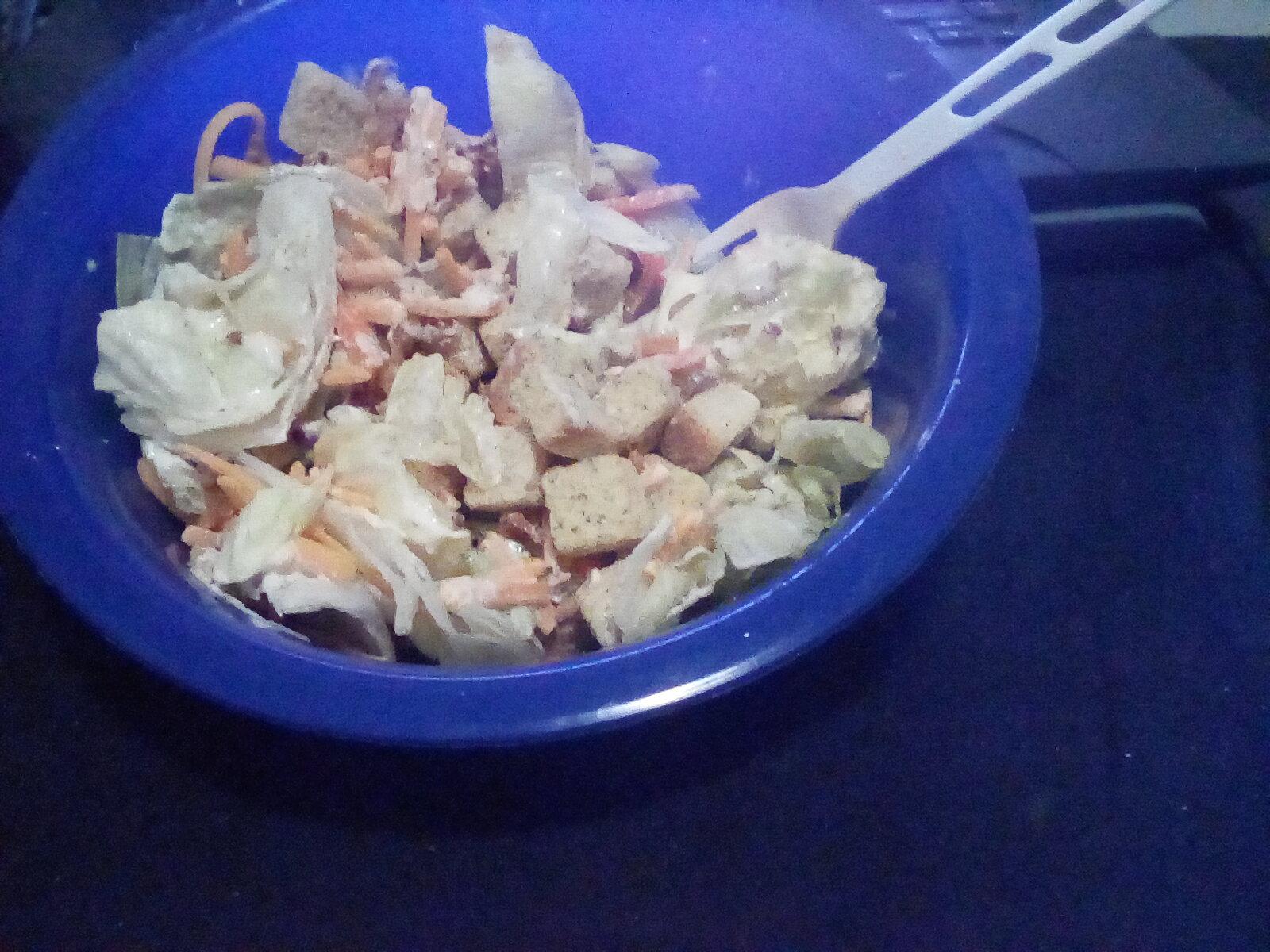 Salad for dinner at midnight. Bagged salad mix, cheddar and garlic