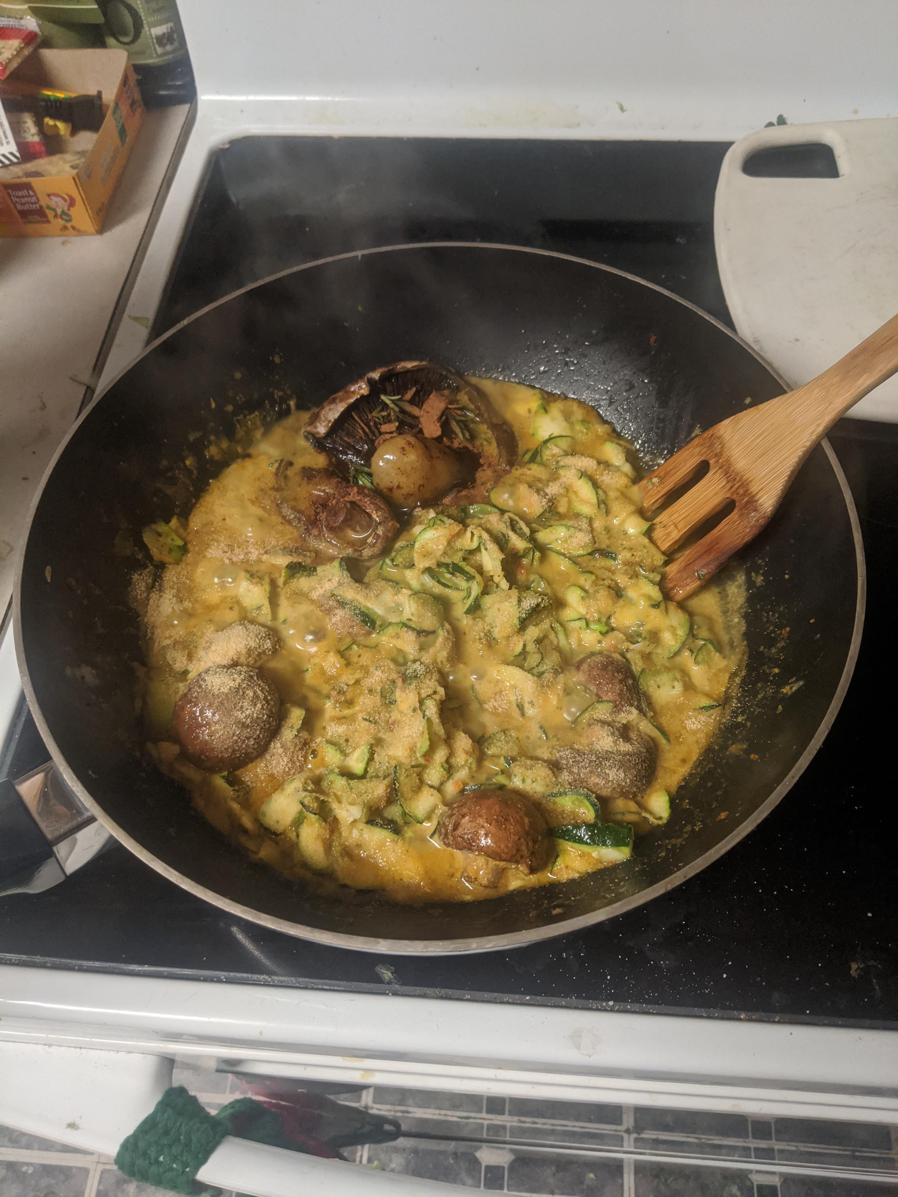 Mushroom zoodle stew with cannabis infused honey and coconut oil r