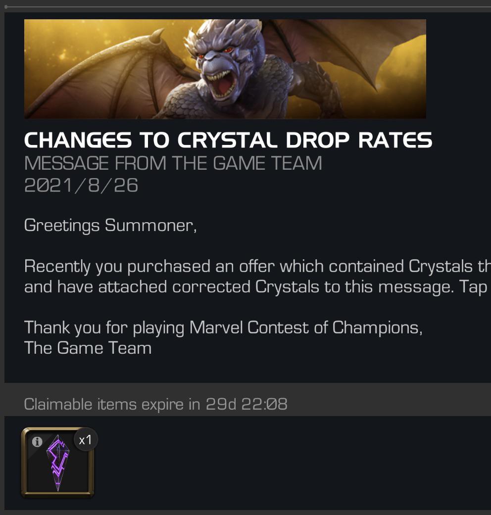 Compensation for outdated drop rates on purchased crystal r