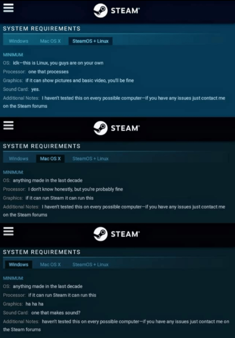 System requirements from each system r/Steam