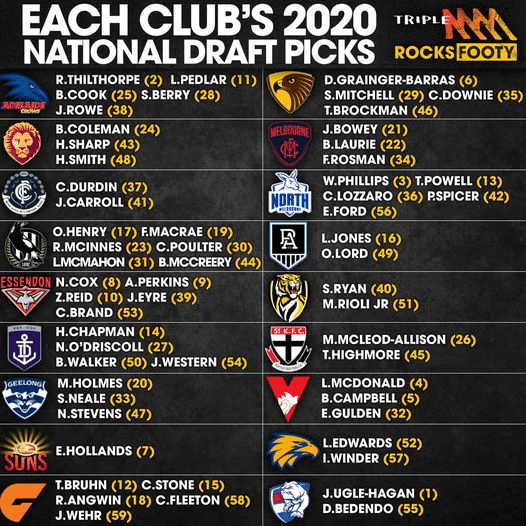 Quick glance at each club's 2020 draft picks r/AFL