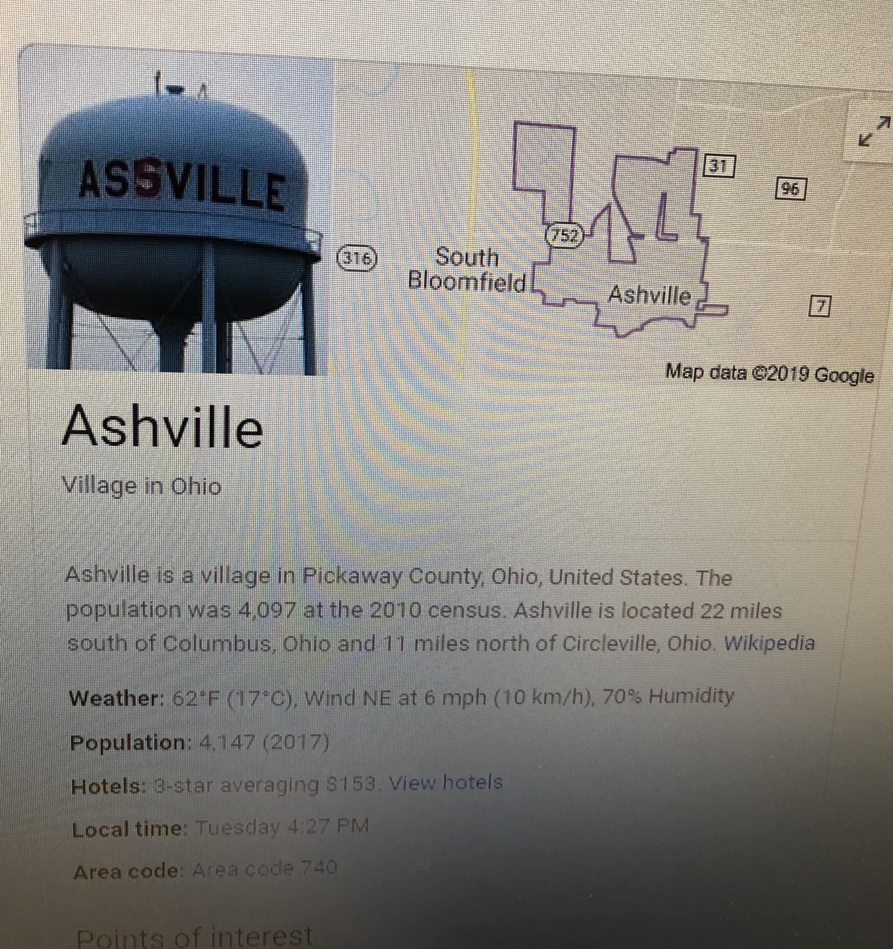 Googled Ashville, OH. Glad to see their graffitied Assville water tower