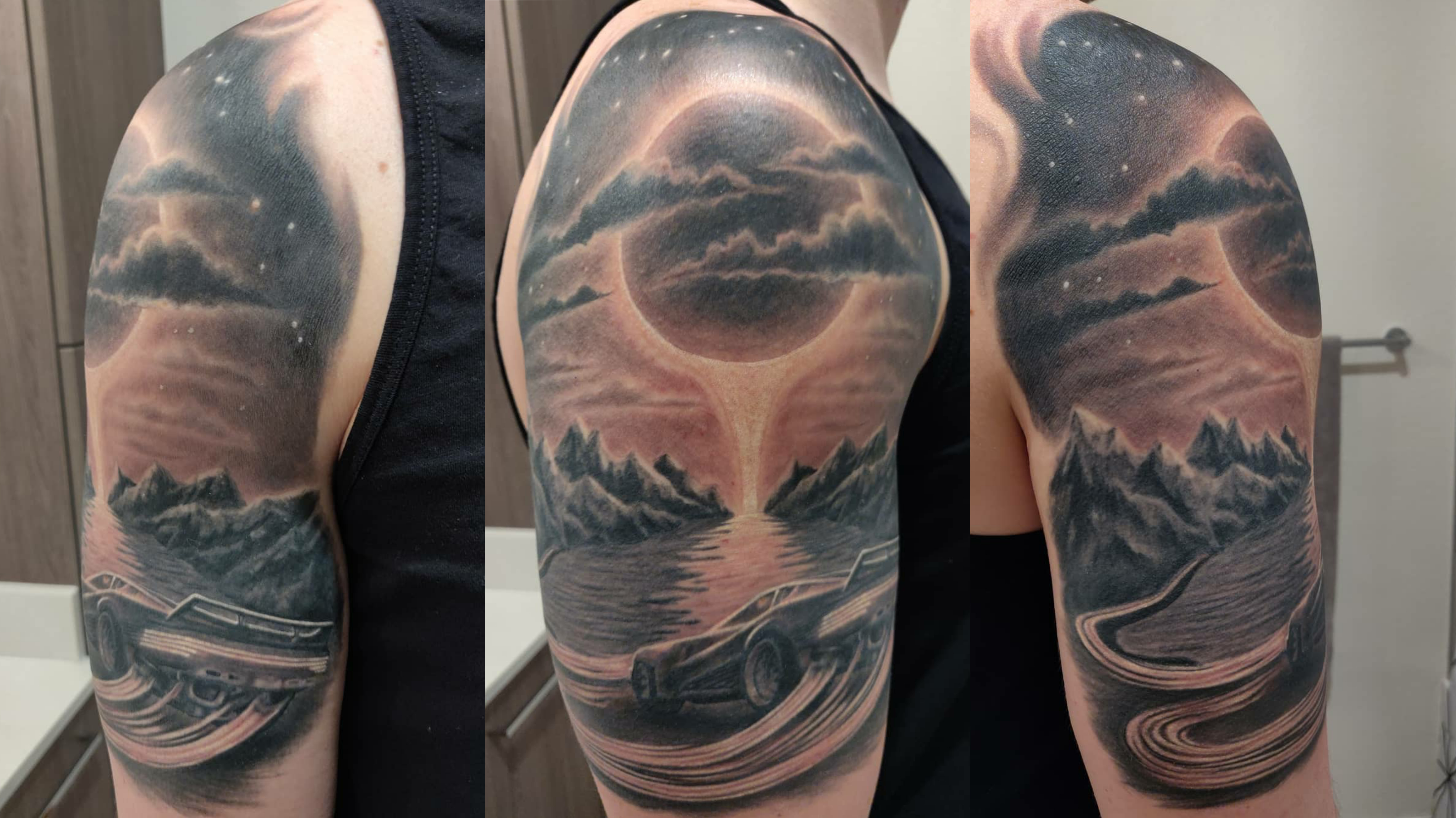 First tattoo! Gunship / synthwave inspired piece by Zac Adkins at