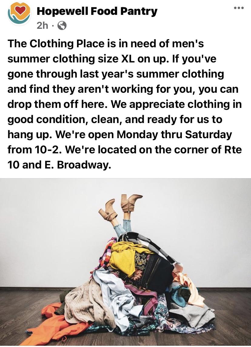 The Clothing Place in Downtown Hopewell seeking Men’s clothing sized XL