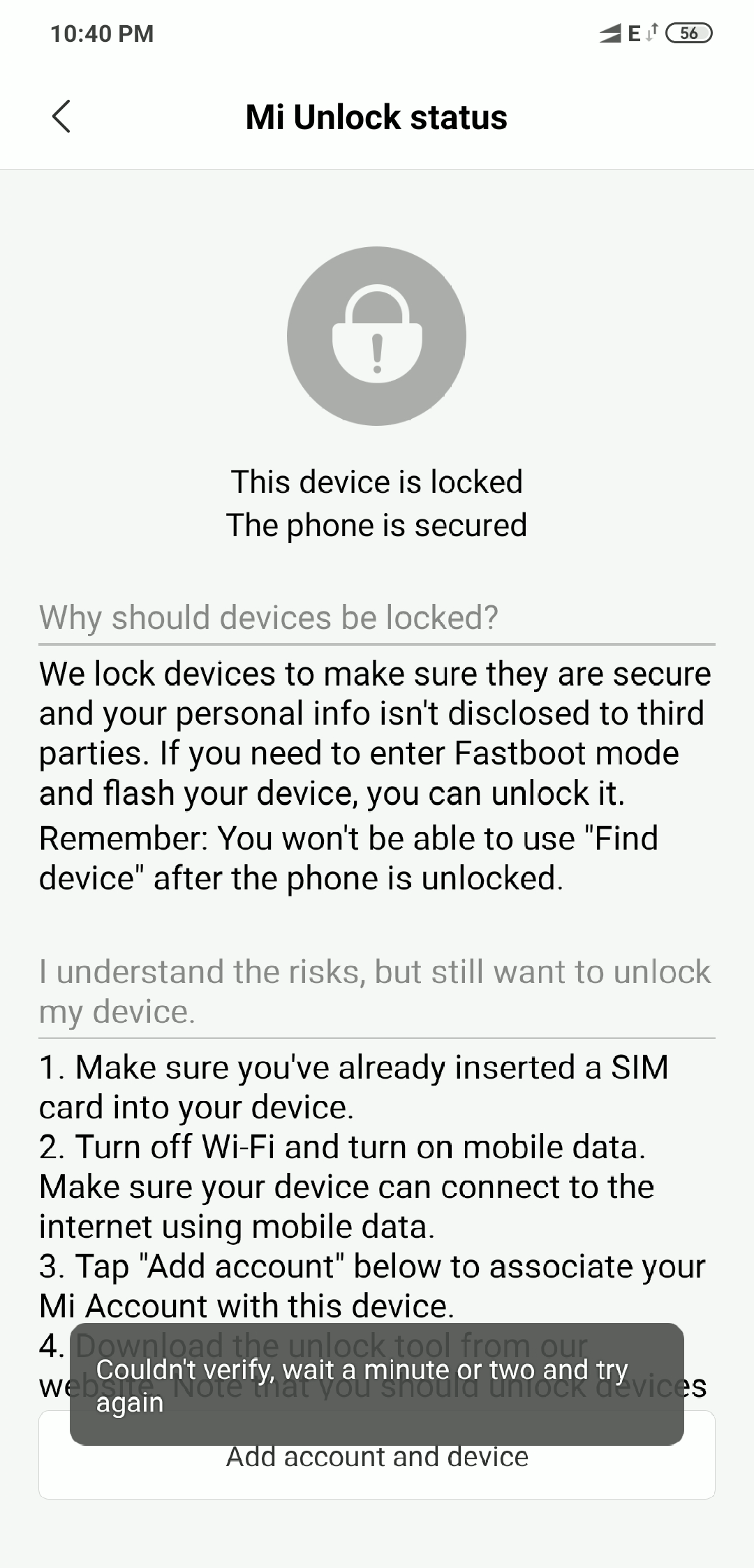 I've been trying to sign in my mi account so i can open the bootloader