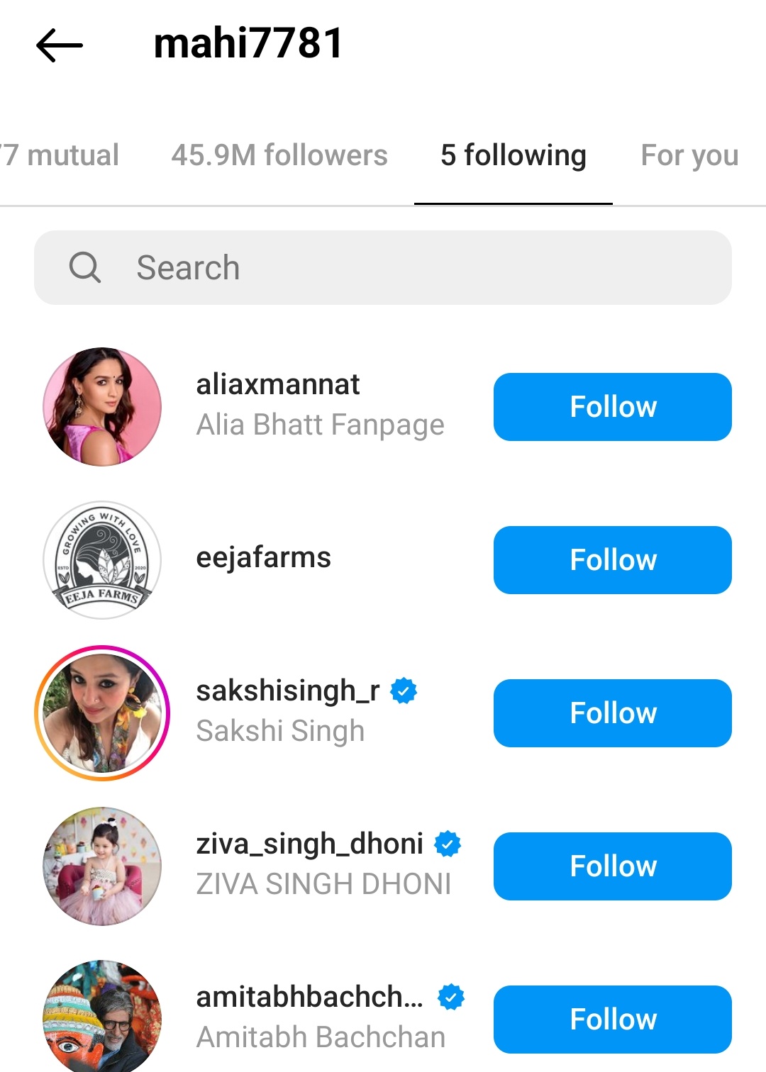 MS Dhoni follower this page on Instagram. r/BollyBlindsNGossip