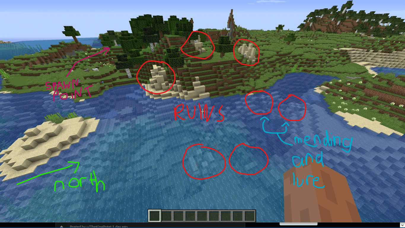 You spawn right next to an underwater ruin that contains a MENDING and