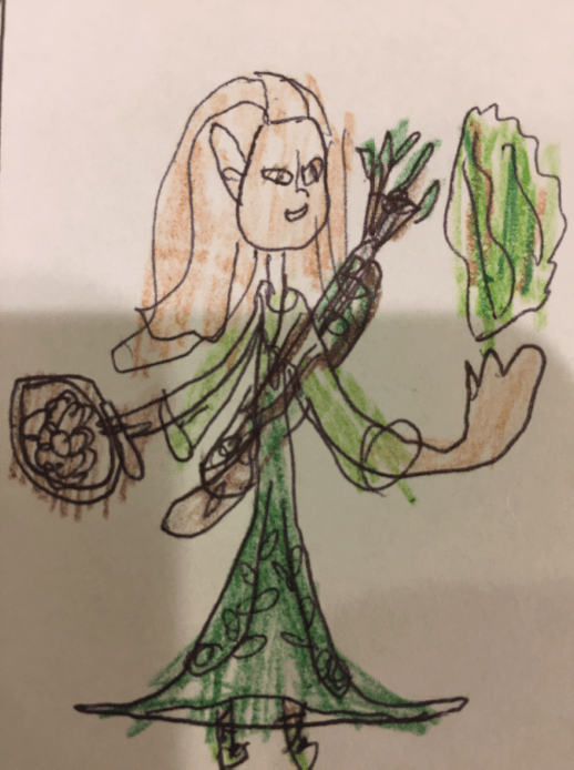 [OC] My daughter's wood elf druid casting Produce (Green) Flame DnD