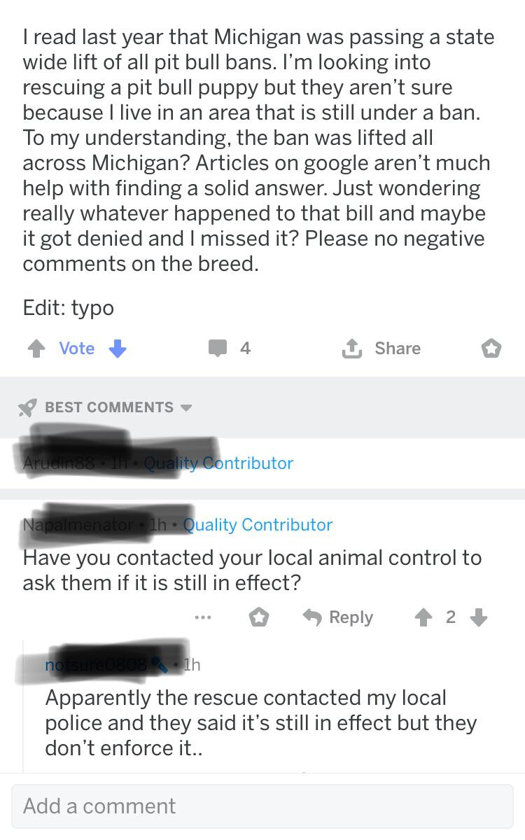 Michigan Ban “Still in effect but not enforced...” r/BanPitBulls