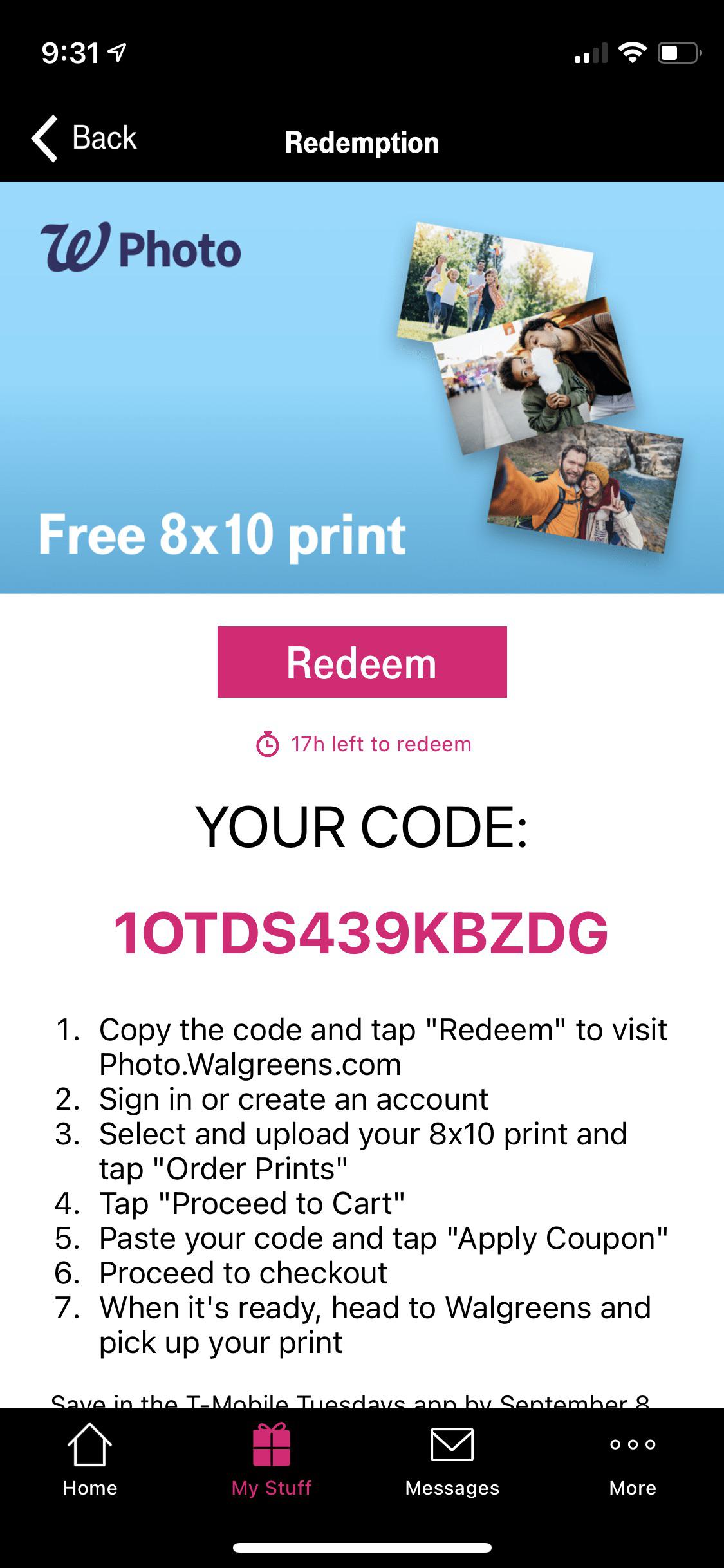 Free 8x10 print from Walgreens r/SingleUseCodes