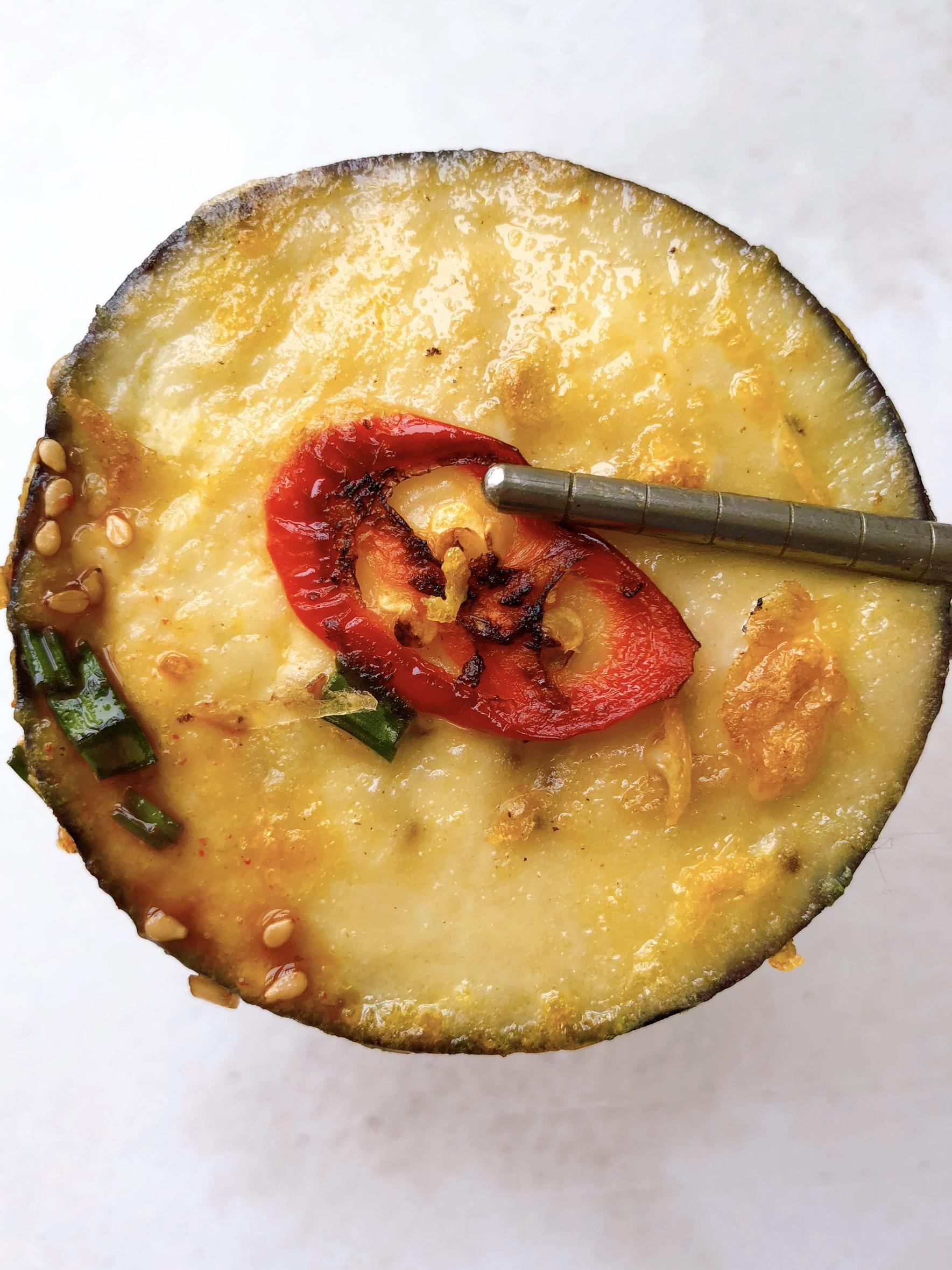 Korean Eggplant Fritters (Gaji Jeon) thin eggplant slices shaken in a