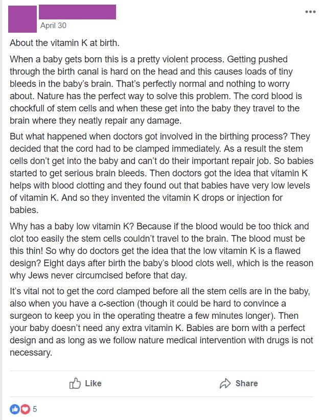 Rant about vitamin K injections after birth. Someone get this lady a textbook! vaxxhappened