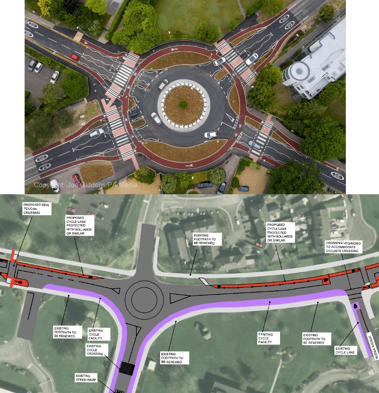 Above New Cycle/Pedestrian friendly roundabout in the UK. Below Cork