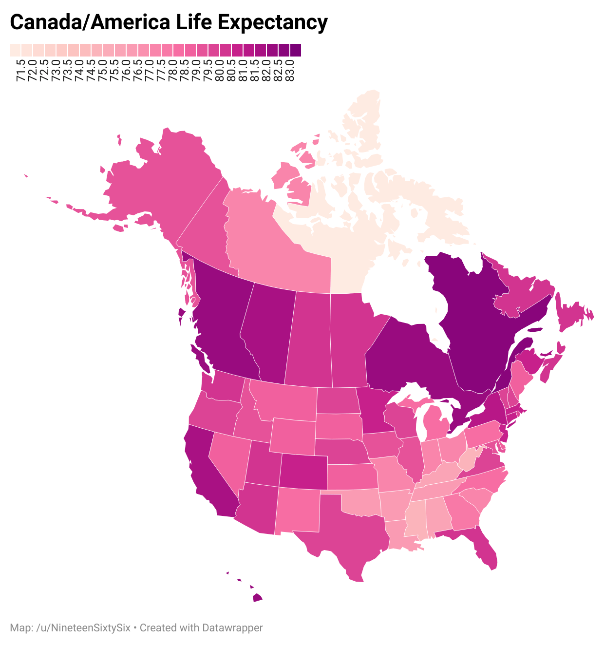 [OC] Canada/America Life Expectancy By Province/State r/dataisbeautiful