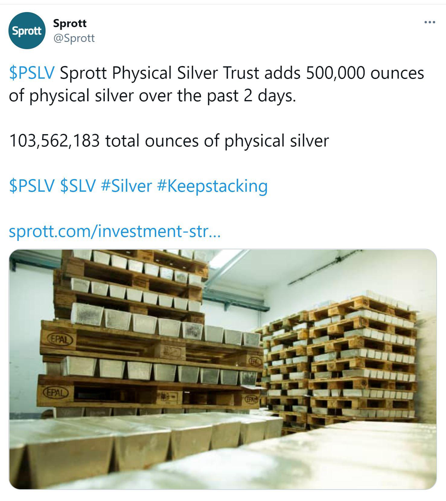 Sprott showing their stack of 500,000 oz just taken delivery, check the hashtag r/Silverbugs