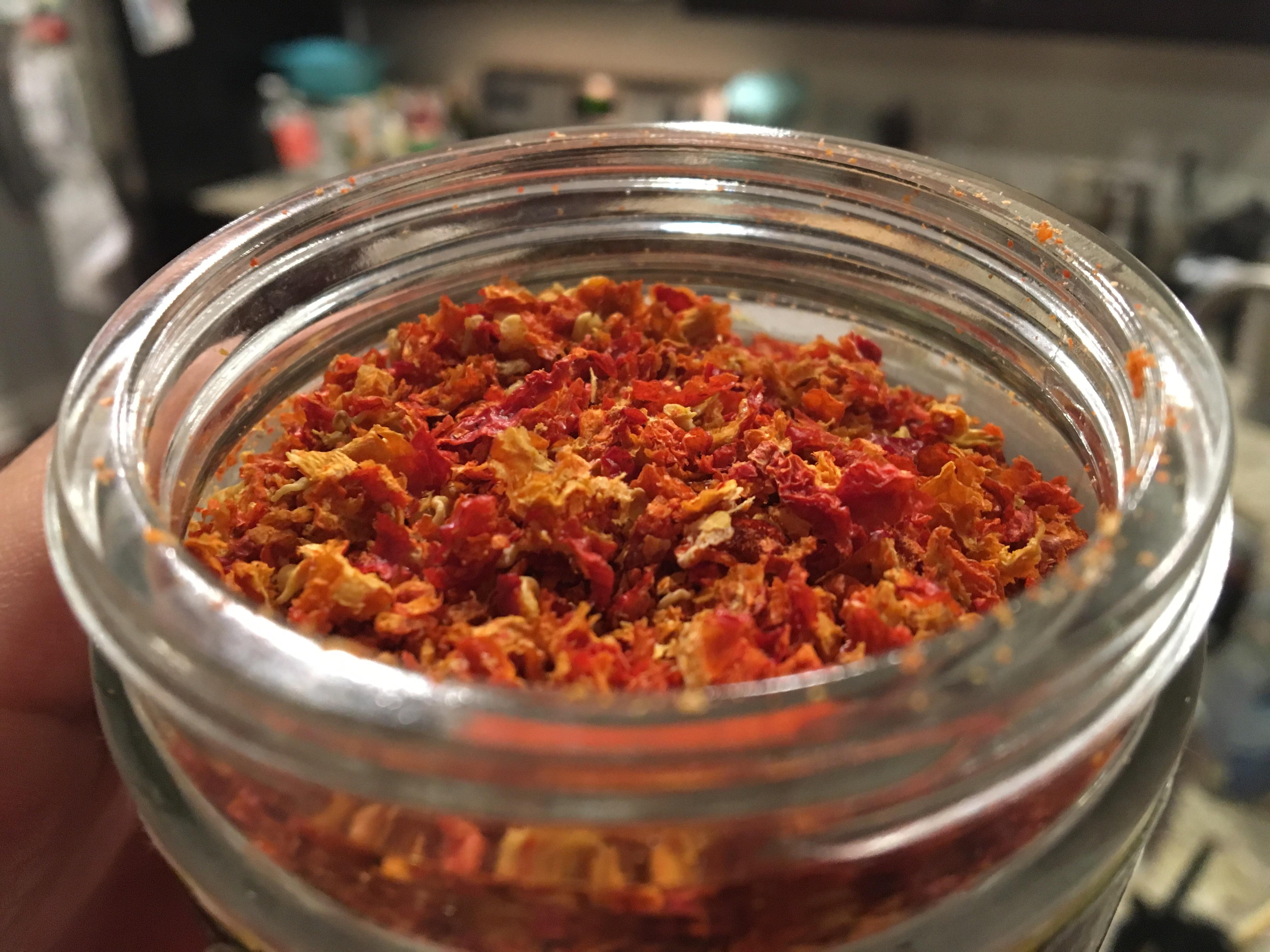 Made pasta with these pepper flakes I made from homegrown 7 Pots and Red Savinas. Delicious and