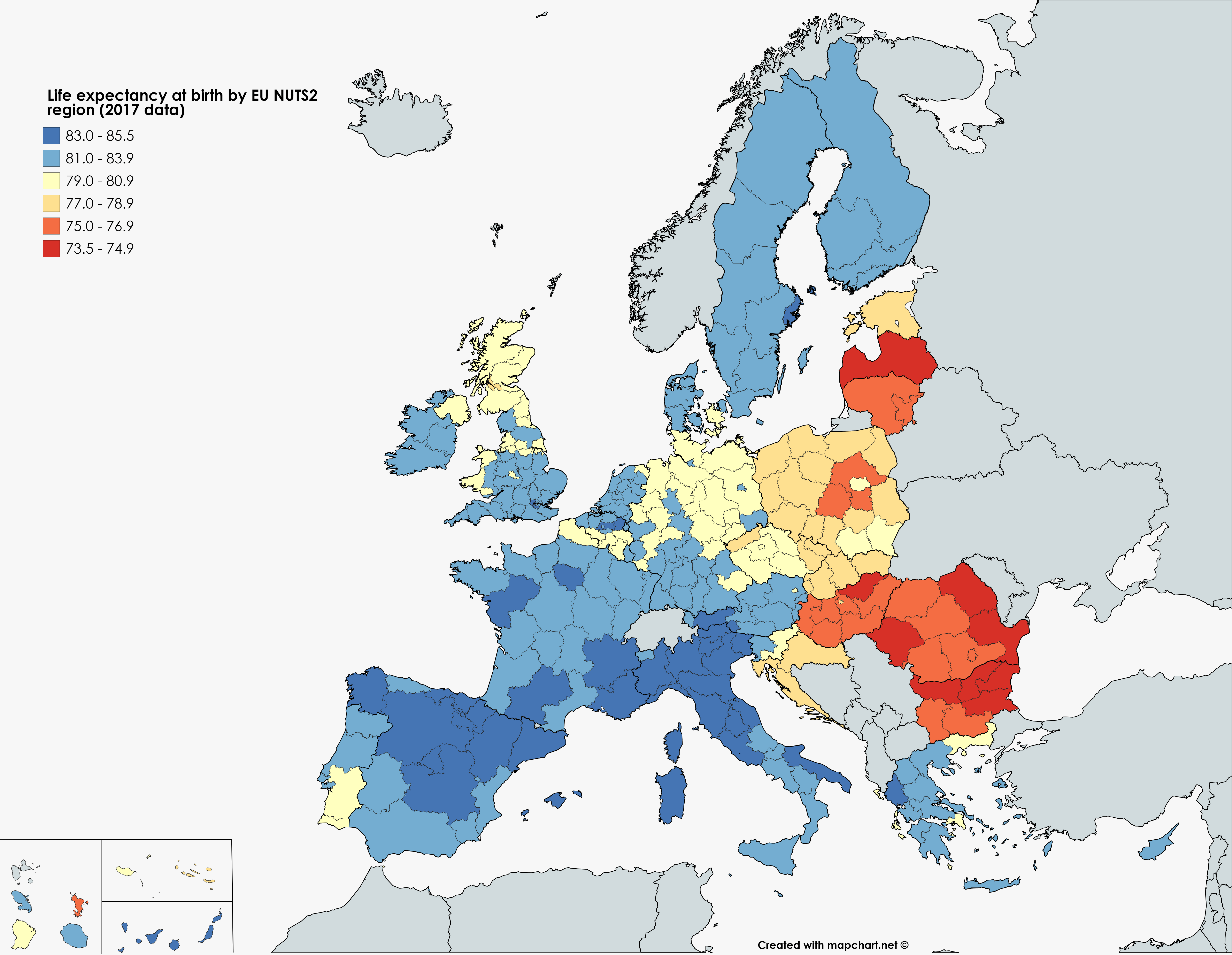 Life Expectancy at birth by EU NUTS2 region r/MapPorn