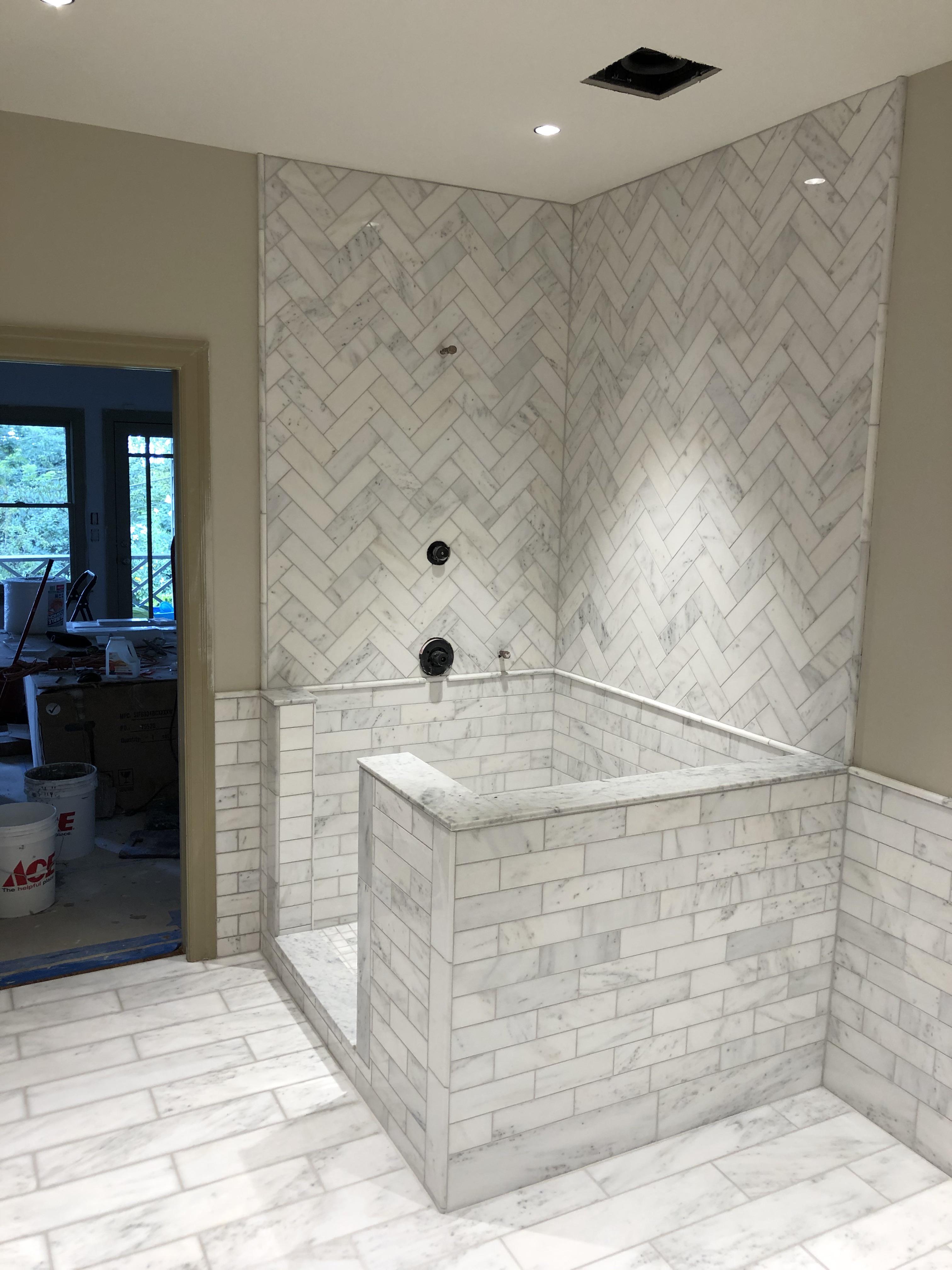 One of my marble jobs. A guy posted about herringbone patterns so I figured I’d post it… r/Tile
