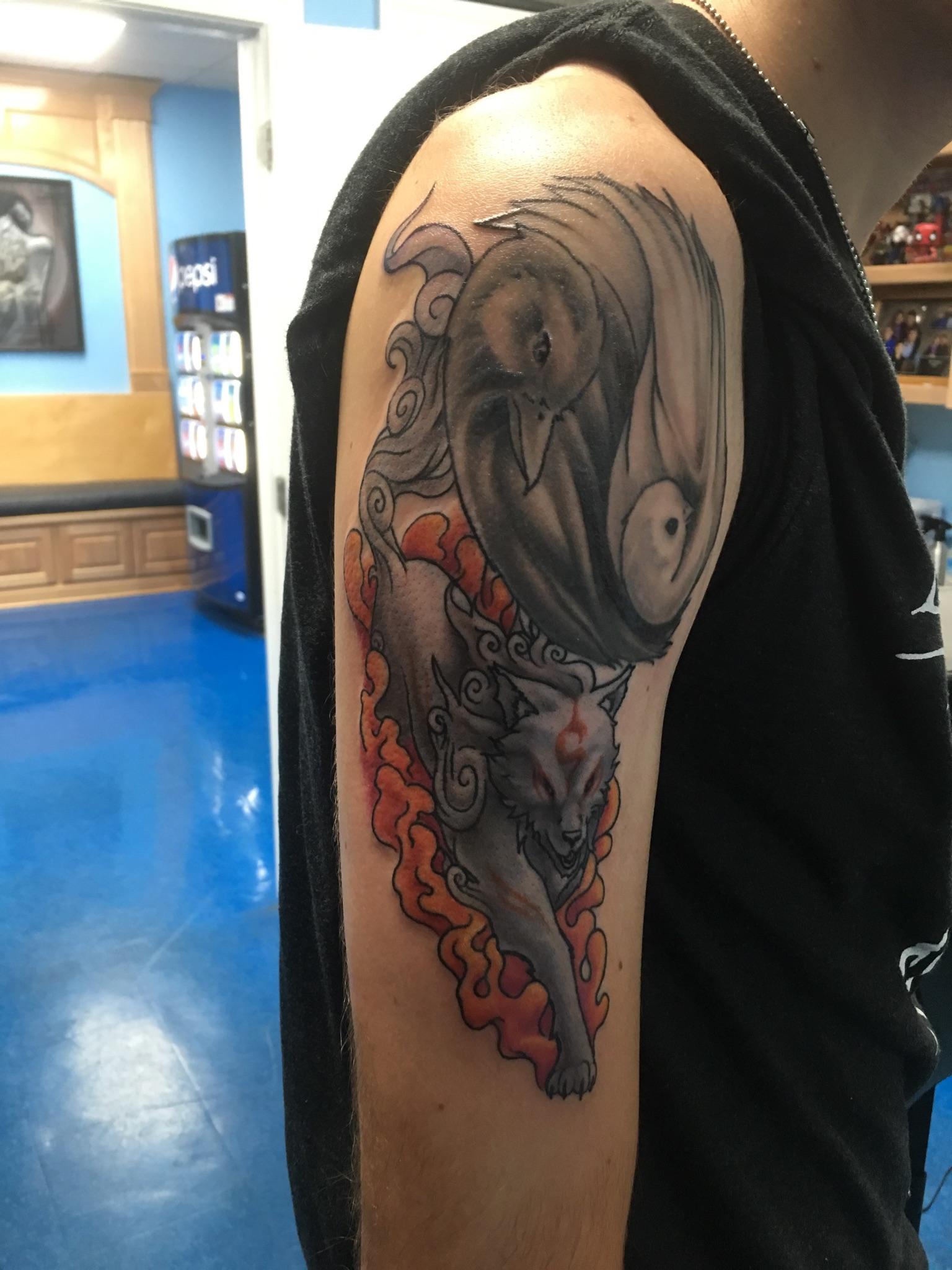 Amaterasu Tattoo I got a couple years ago. Have added a lucky cat since