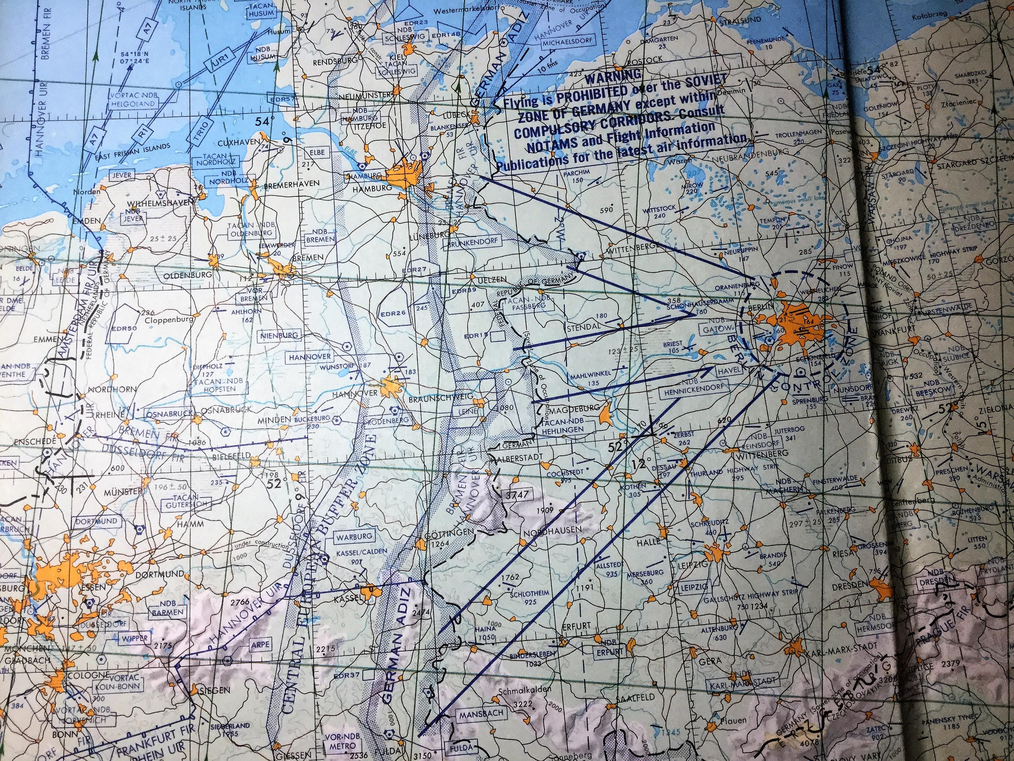 Air Corridors Map Europe Detail of the Berlin air corridors from a jet navigation chart from the