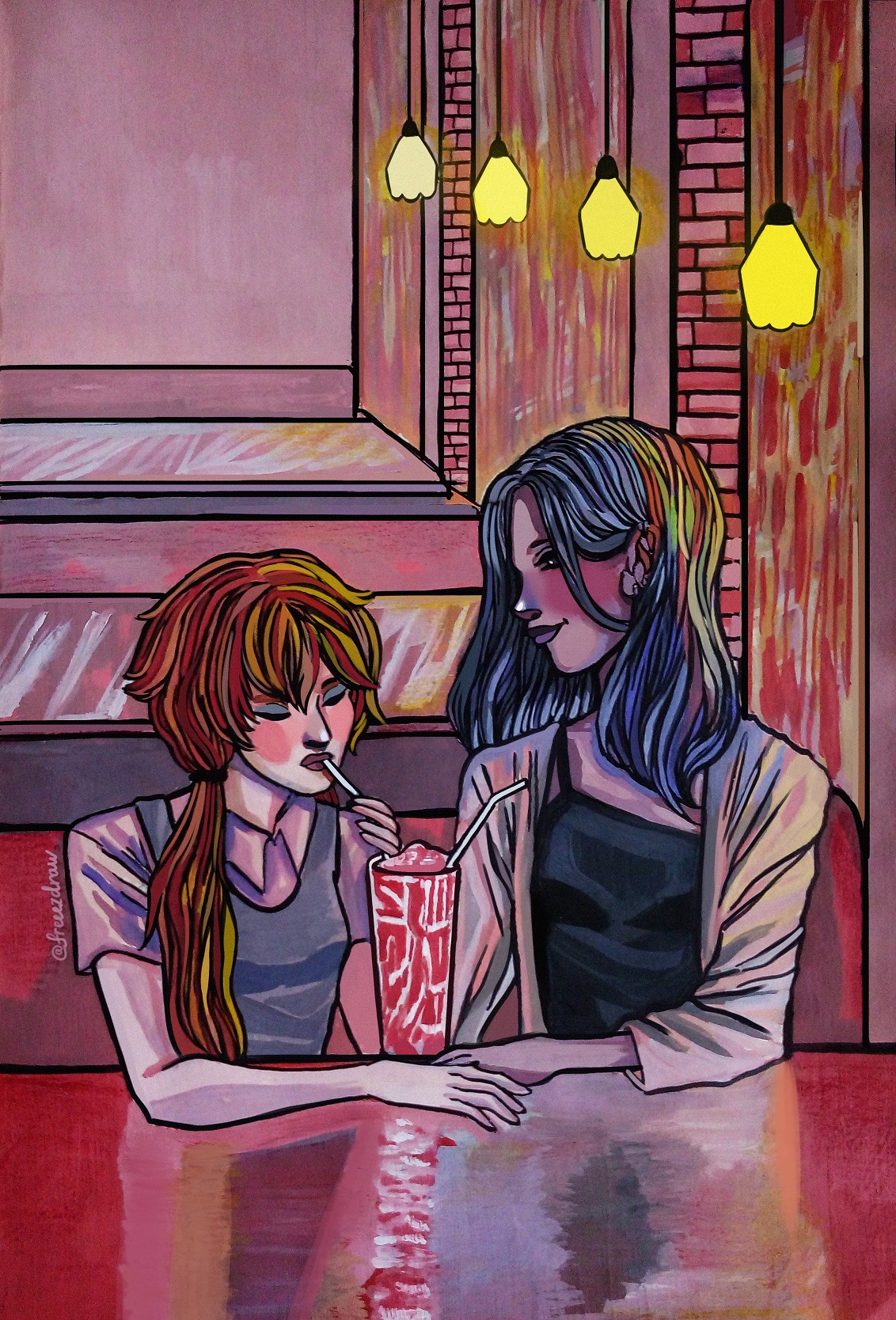 Girls in cafe, Gouache, A5. r/Art