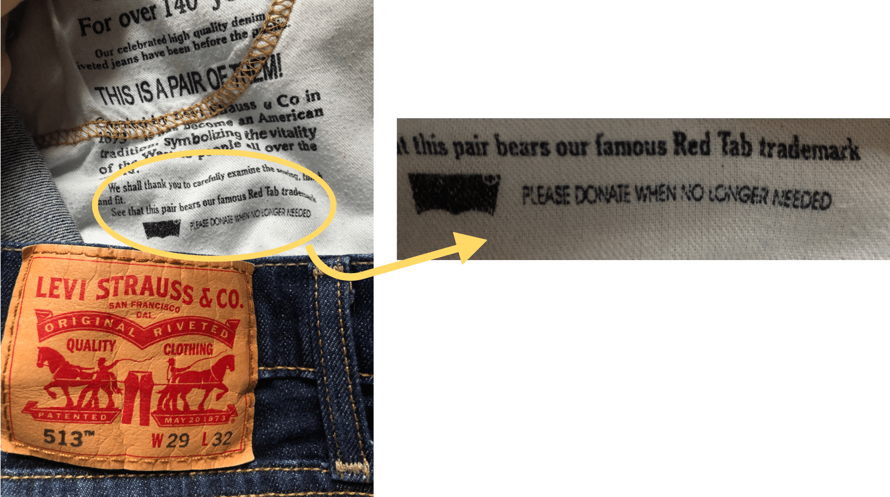 The pocket inside Levis Jeans tells you to donate them when you no