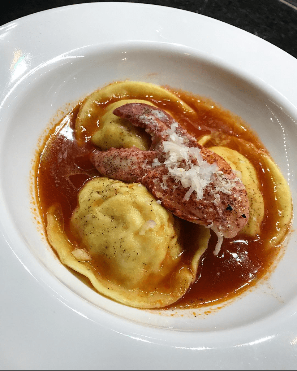 Lobster & Scallop mousse ravioli in lobster bisque [Homemade] food