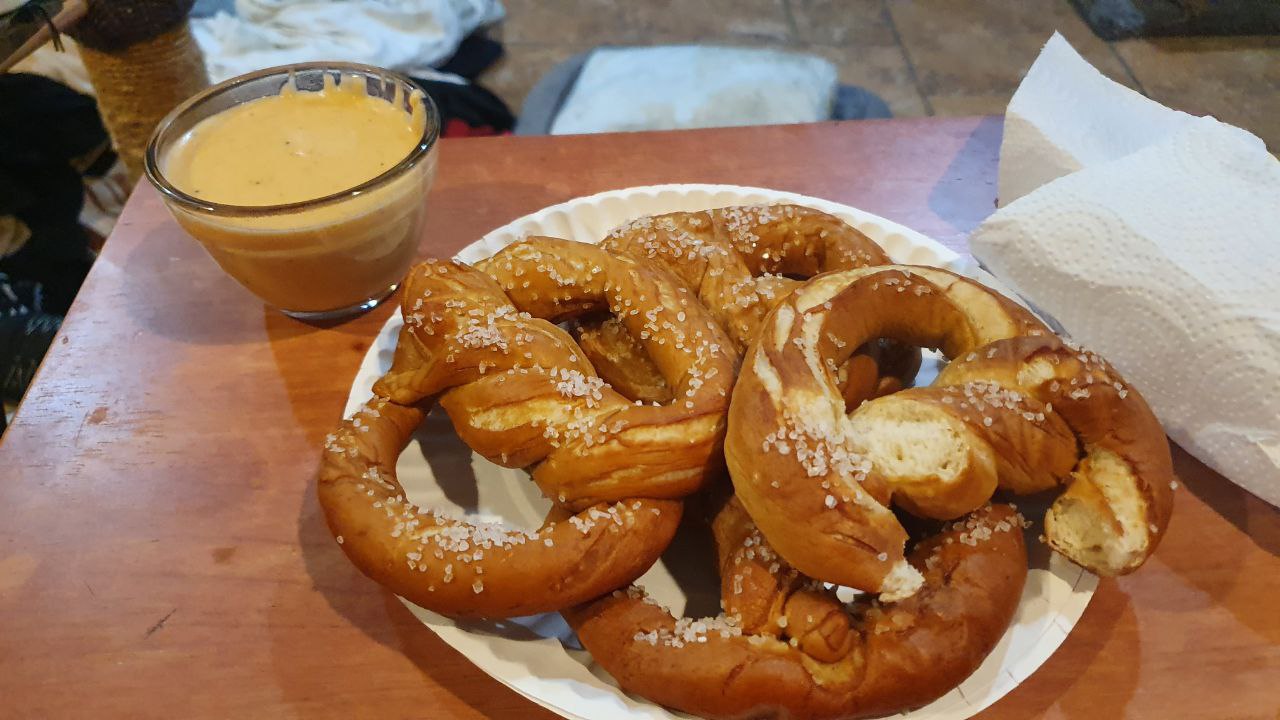 Soft pretzels and nacho cheese dip, both made from scratch. Recipes